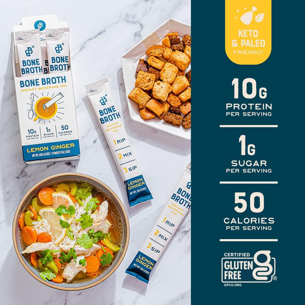 Bare Bones Bare Bones Bone Broth Instant Powdered Mix, Lemon Ginger, Pack of 8, 15g Sticks, 10g Protein, Keto & Paleo Friendly Bone Broth Packets