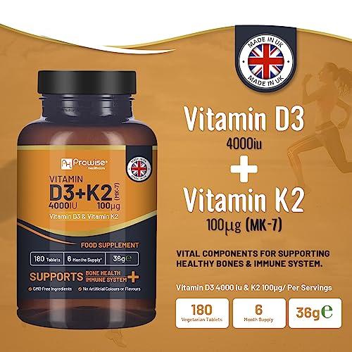 PH PROWISE Healthcare Vitamin D3 4000IU & K2 MK7 100g Vegetarian Tablets I 180 (6 Months Supply) I Easy to Swallow Supplement for Immune Support, Calcium Boost, Bone & Muscle I Made in The UK by Prowise Healthcare