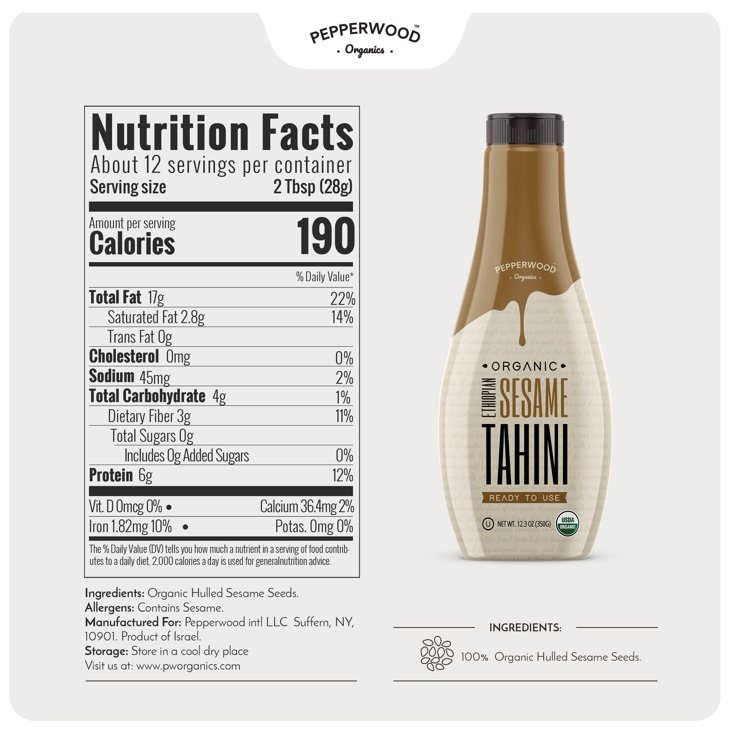 Pepperwood Organics Organic Ethiopian Sesame Tahini - Squeezable Creamy & Ready Tahini Paste 12.3 Ounce (2-Pack) - Hulled, Unsalted, Non-GMO, Gluten-Free, Peanut-Free, by Pepperwood Organics