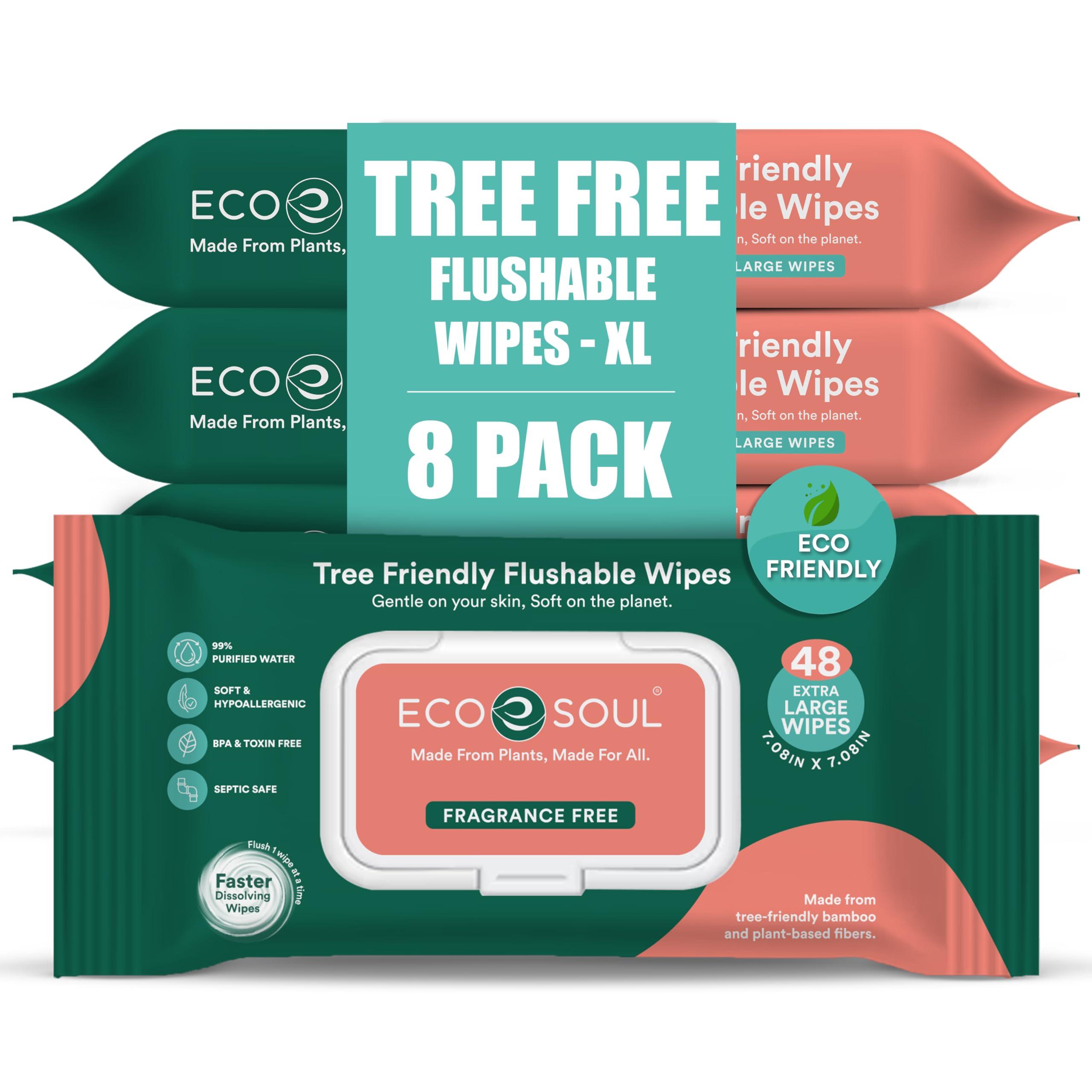 ECO SOUL ECO SOUL Bamboo Flushable Extra-Large Adult Wipes-Unscented 384 Count|8 Pack of 48|Eco-Friendly Bamboo Compostable| 99% Purified Water, Hypoallergenic,Soft Wipes, BPA & Paraben free