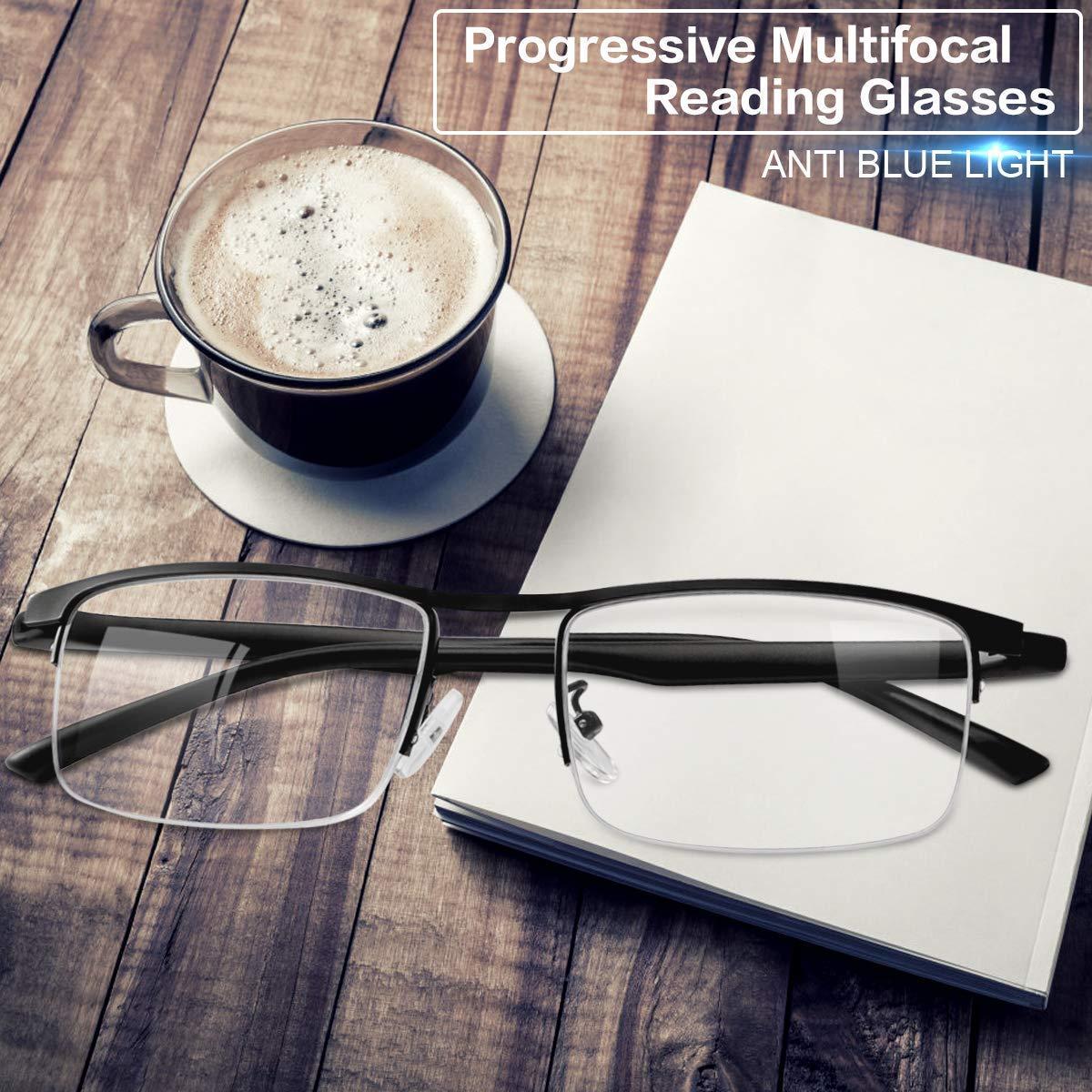 MIRYEA MIRYEA 1.5X Magnification Progressive Multifocal Reading Glasses Blue Light Blocking Computer Readers + Rimless Bifocal Anti Blue Light Reading Glasses Anti Glare Eye Strain Spring Hinge Eyewear