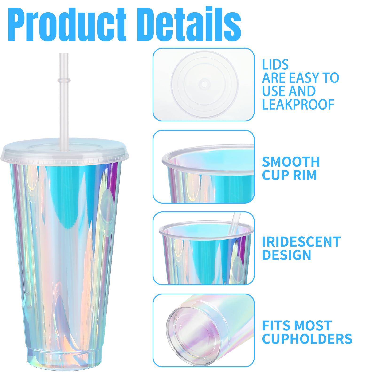 Domensi Domensi Iridescent Plastic Cups with Lids and Straws 24 oz Iridescent Reusable Plastic Tumblers Iced Coffee Cups for Shiny Disco Birthday Wedding Bachelorette Party Supplies(12 Pack)