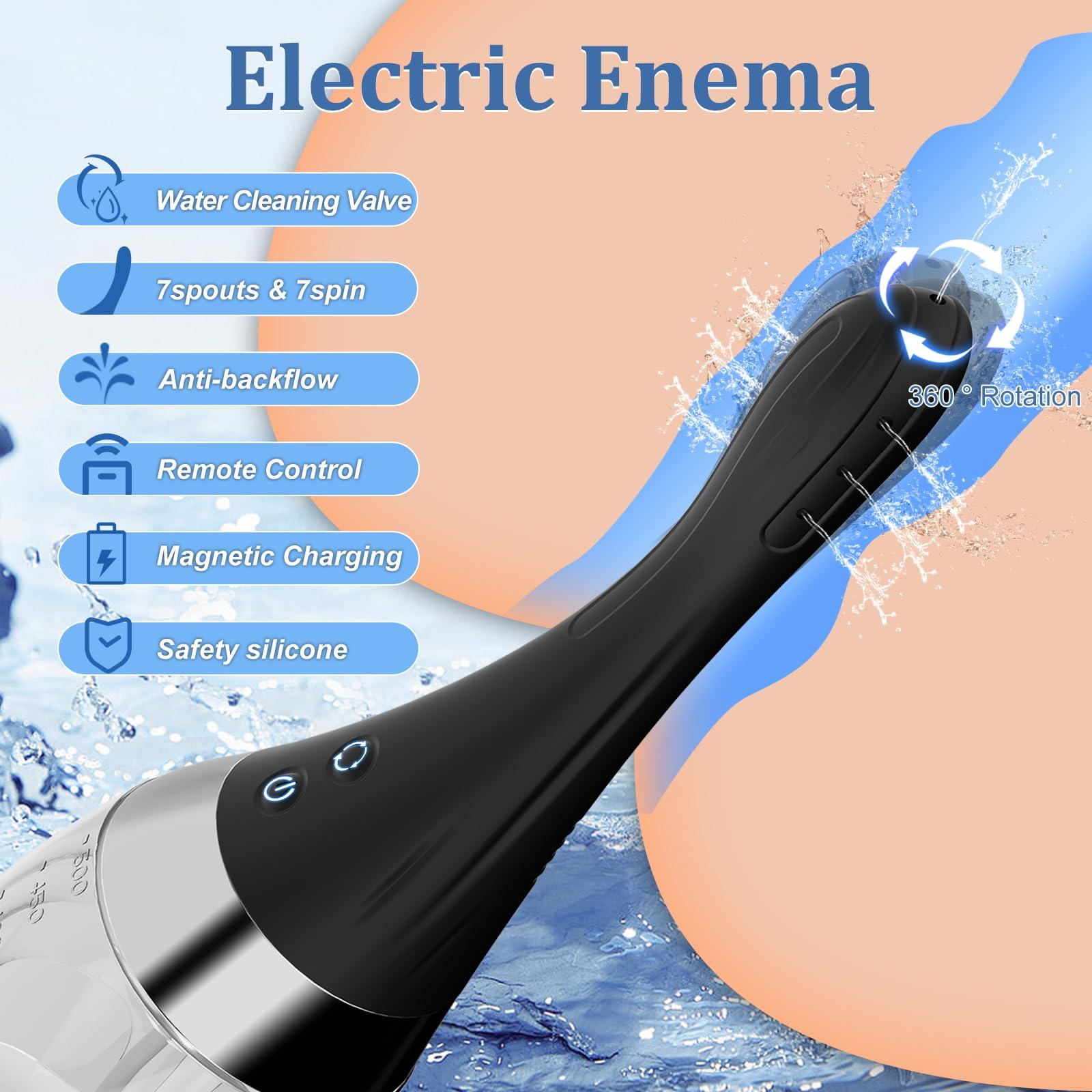 MIXIUALL Enema Anal Douche Anti Back-Flow Cleaner for Men Women - 360 Rotating Automatic Electric Silicone Enema Bulbs Douche with Remote Control 7 Spouts Butt Anal Travel Bottle Cleaner Kit
