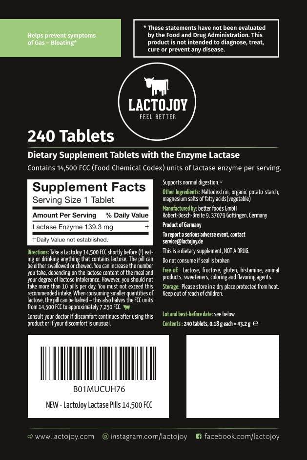 LactoJoy LactoJoy Lactase Pills I 240 Pieces Refill Package I Powerful Lactase Enzymes for Lactose Intolerance I Ultra Pure Lactase for Improved Digestion I 100% Vegan