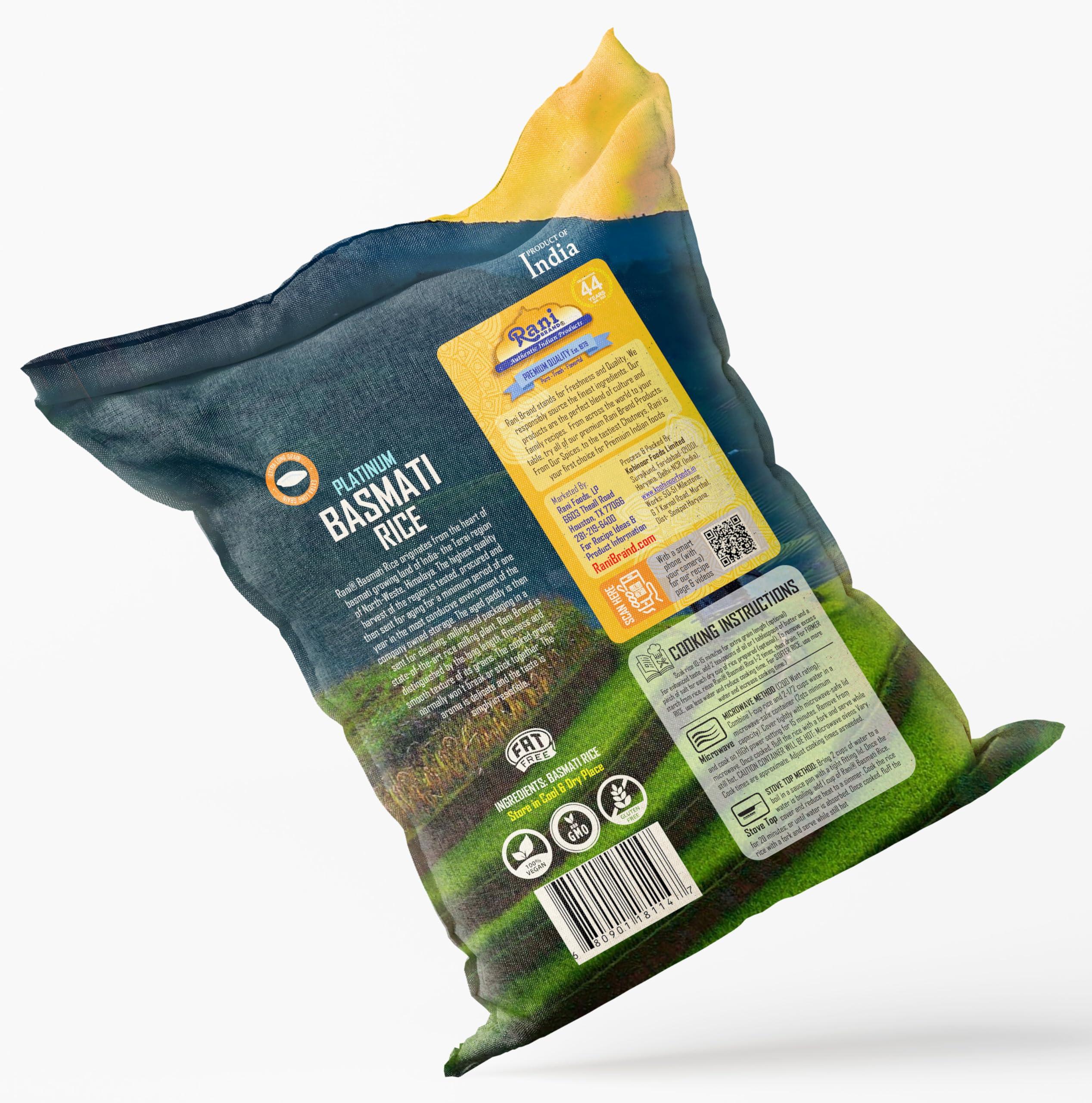 Rani Brand Authentic Indian Products Rani Platinum White Basmati Rice Extra Long Aged 20-Pound Bag, 320oz (20lbs) 9.08kg ~ All Natural | Gluten Friendly | Vegan | Indian Origin | Kosher | Export Quality
