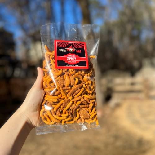 RunninWild Spicy Snack Mix | Party Mix including hot Cajun corn sticks, roasted peanuts, and cheddar cheese sesame sticks | Runnin' Wild Foods, 1.5 Pounds Total (Box of 3 bags, 8oz each)