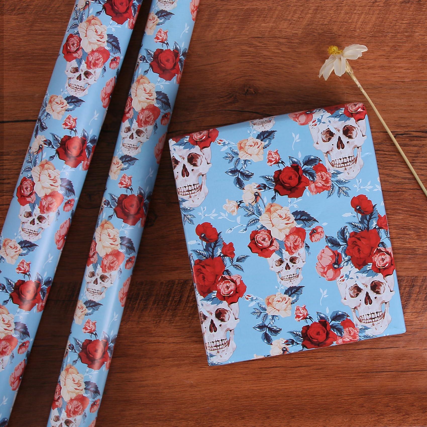 Aimyoo Aimyoo Blue Skull Floral Wrapping Paper Roll 17 in x10ft, Horror Gothic Gift Wrap Paper for Halloween Wedding Bridal Shower