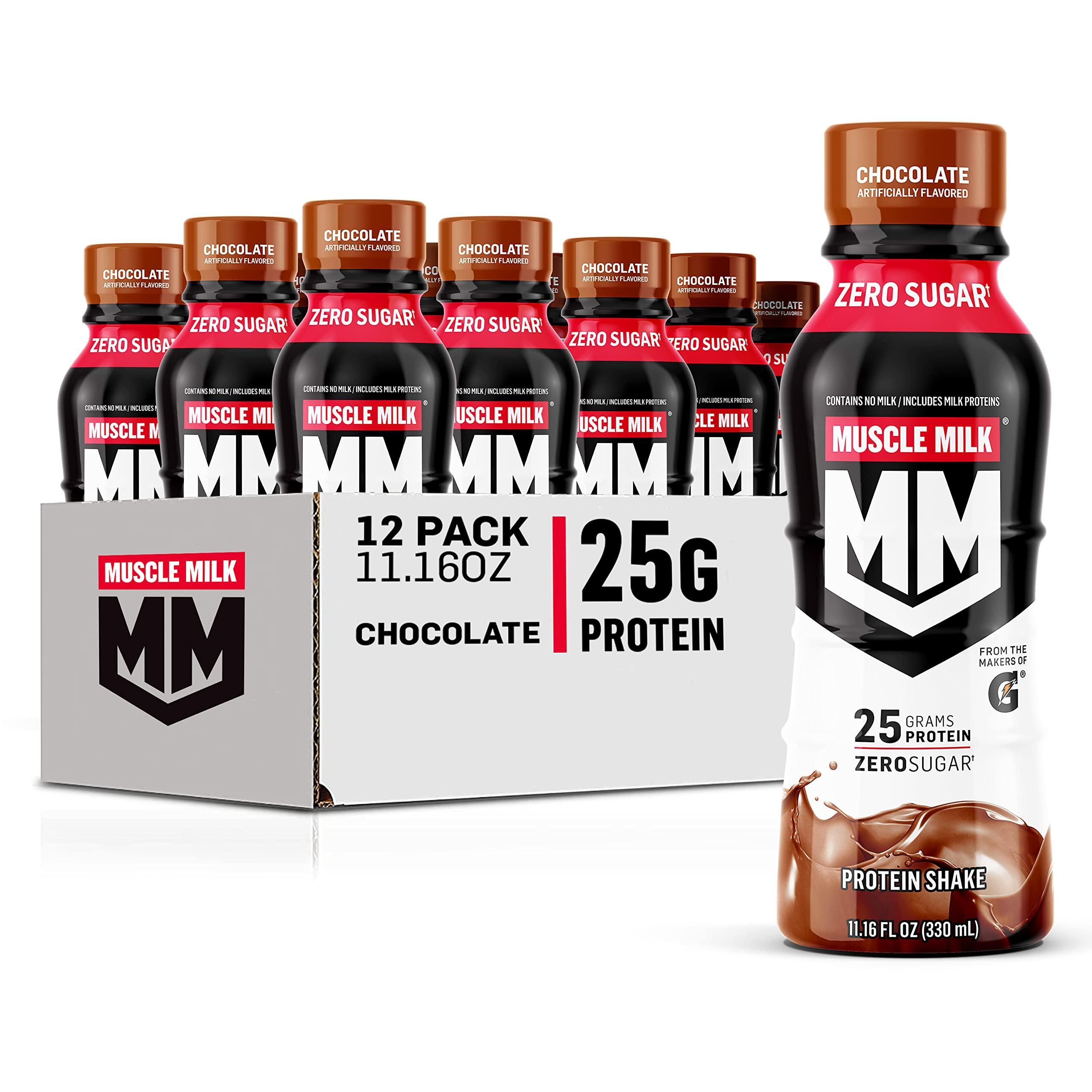 Muscle Milk Muscle Milk Genuine Protein Shake, Chocolate, 25g Protein, 11.16 Fl Oz (Pack of 12) & Zero Protein Shake, Chocolate,20g Protein, Zero Sugar, 100 Calories, Calcium, Vitamins A, C & D