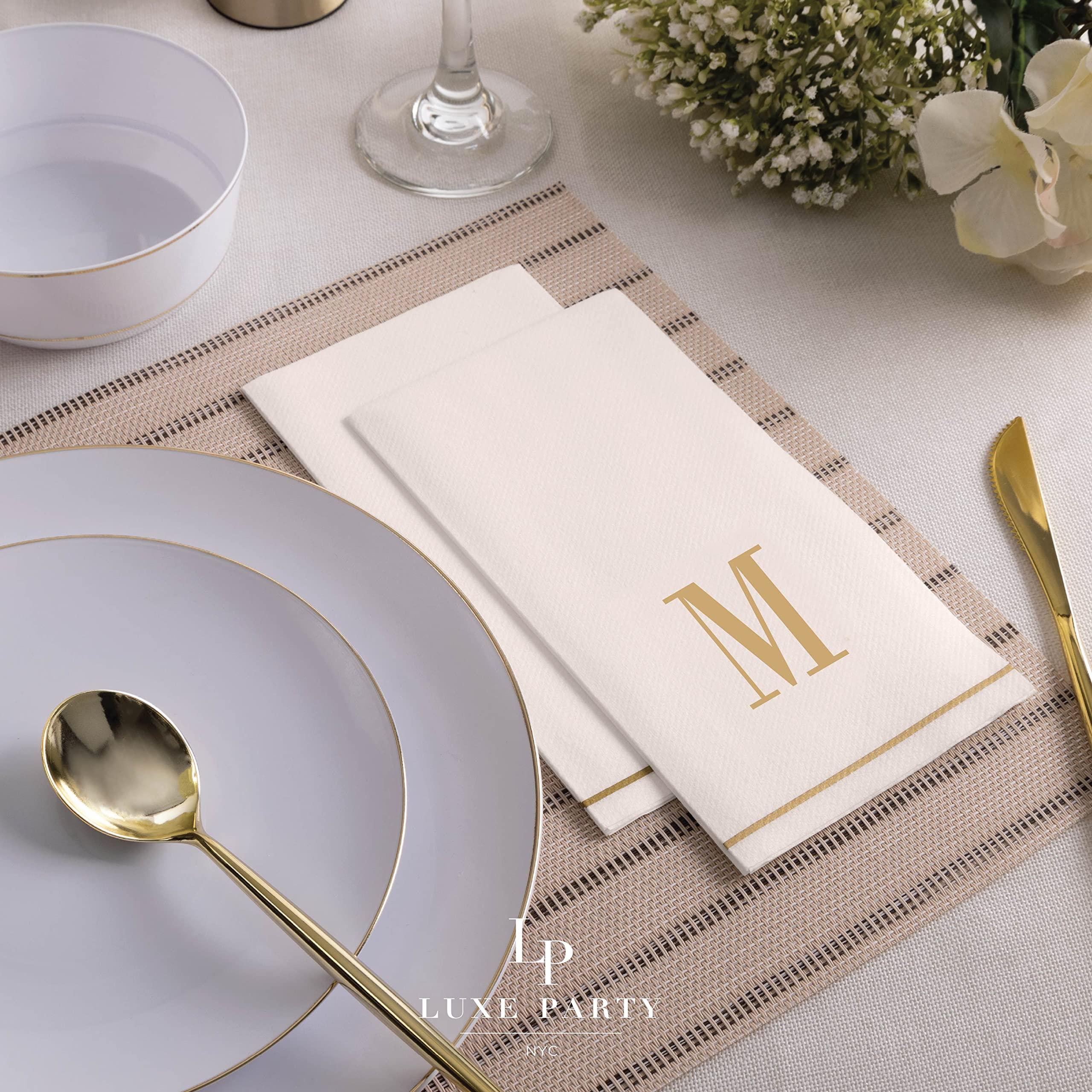 LUXE PARTY Luxe Party 112 Pack Monogram Napkins | Letter M Initial | Disposable | Premium Airlaid | Linen Feel | Decorative Table Setting | Guest Towel Napkin | White and Gold