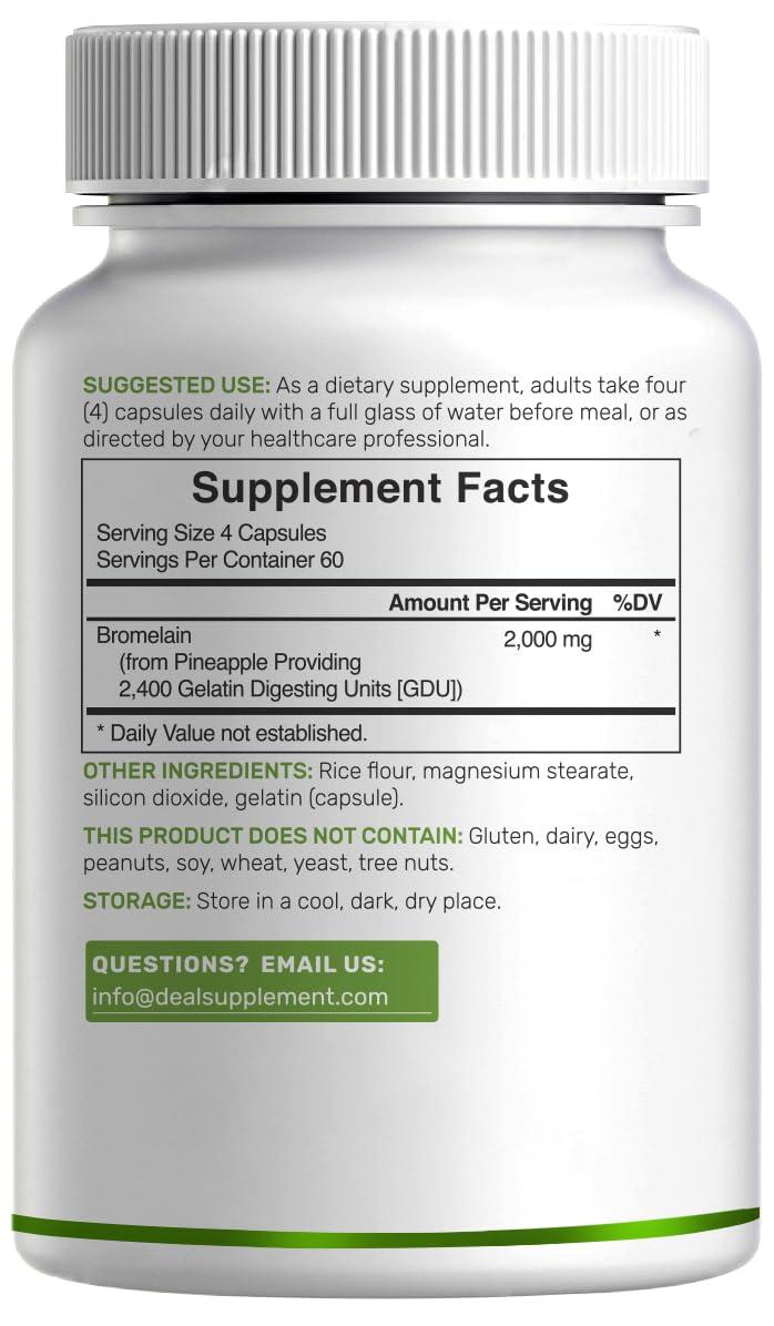 DEAL SUPPLEMENT Bromelain Supplement 2,000mg Per Serving, 240 Capsules  Natural Proteolytic Enzymes from Fresh Pineapple  Supports Nutrient Digestion