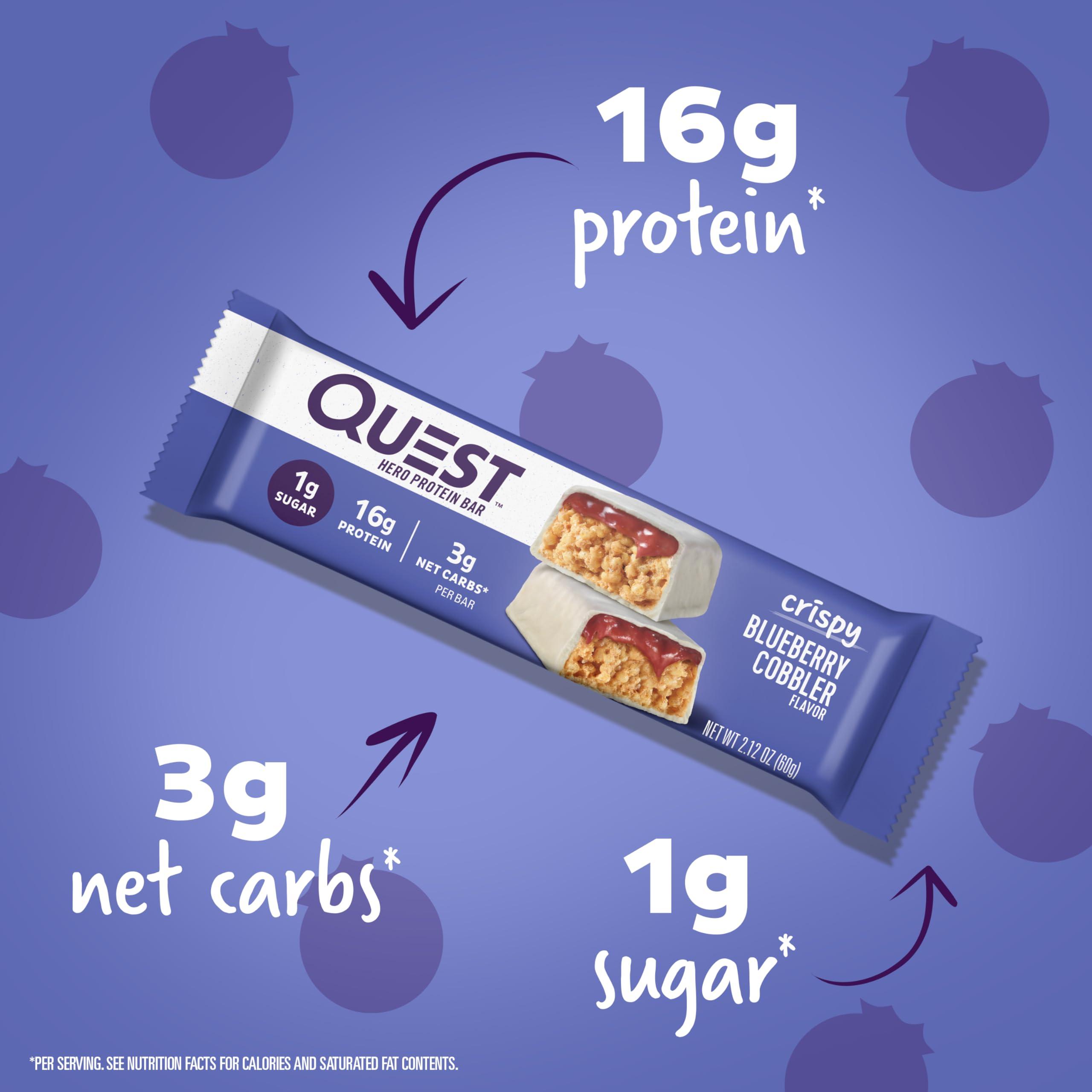 Quest Nutrition Quest Nutrition Crispy Blueberry Cobbler Hero Protein Bar, 16g Protein, 1g Sugar, 3g & White Chocolate Raspberry Protein Bars, High Protein, Low Carb, Gluten Free