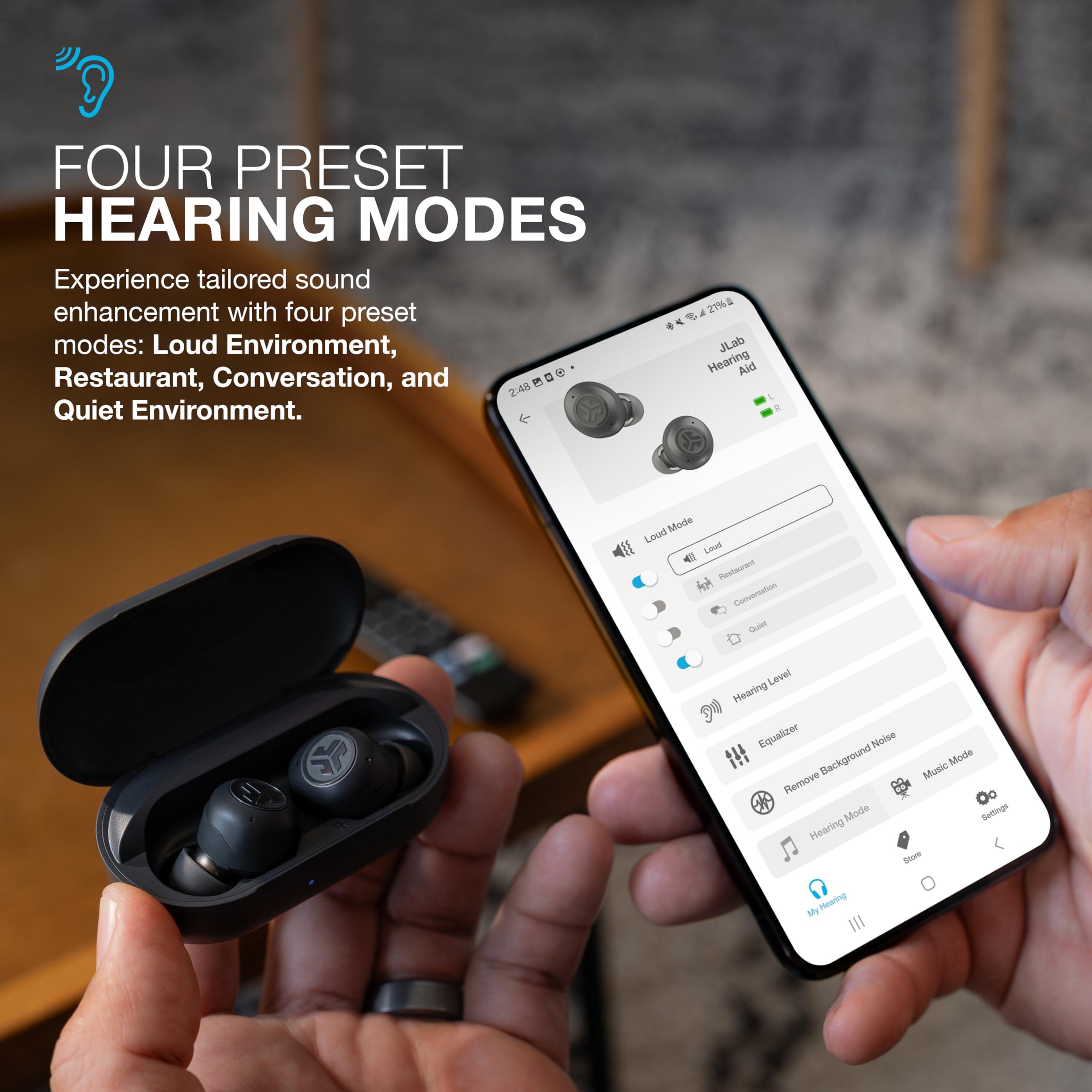 JLab JLab Hear OTC Hearing Aid & Earbuds, Cloud White, Traditional Earbud Fit, Four Preset Hearing Modes, In-Ear Detection and Built-in Feedback Suppression, Independent Volume Control and Touch Controls