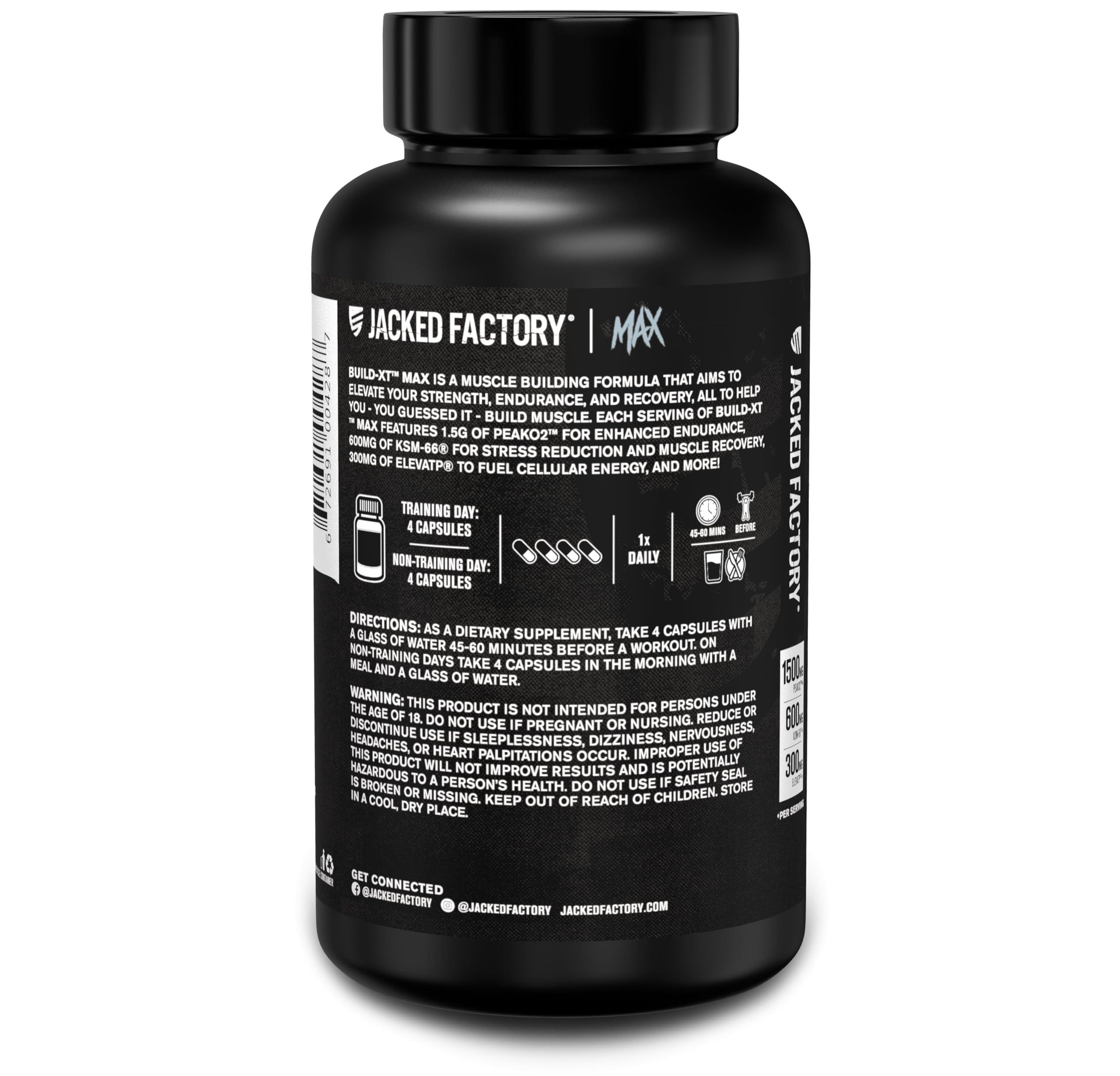 Jacked Factory Jacked Factory Build-XT Max Muscle Builder for Men and Women - ATP Supplement with Peak02 Cordyceps, KSM-66 Ashwagandha, & ElevATP for Muscle Recovery, Muscle Growth, Increased Endurance - 120 Count
