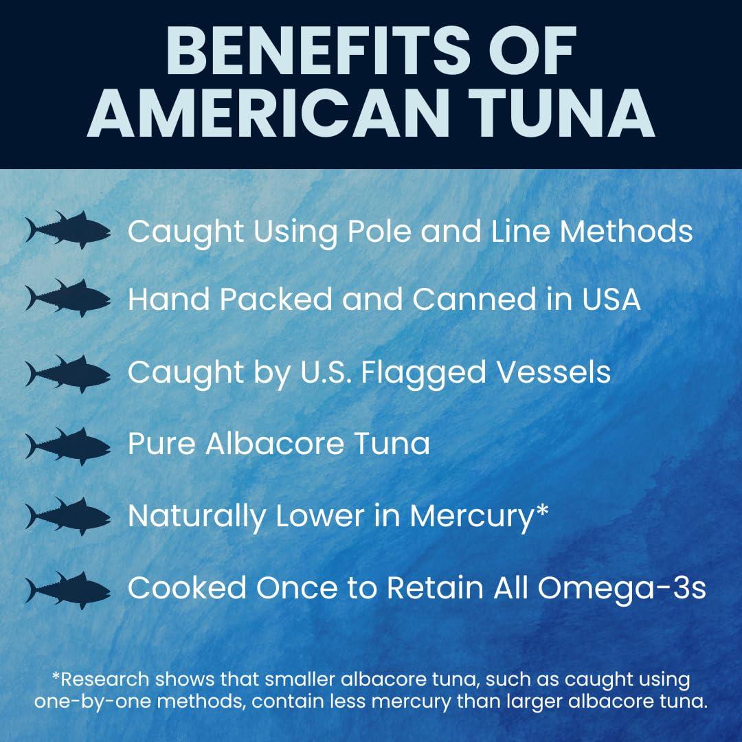 American Tuna Wild Albacore Tuna Fish by American Tuna - with Sea Salt, MSC Certified, Sustainable One by One Pole Wild Caught Fish - 6 oz cans | Pack of 12 | Premium Canned Tuna for Health and Flavor Enthusiasts!