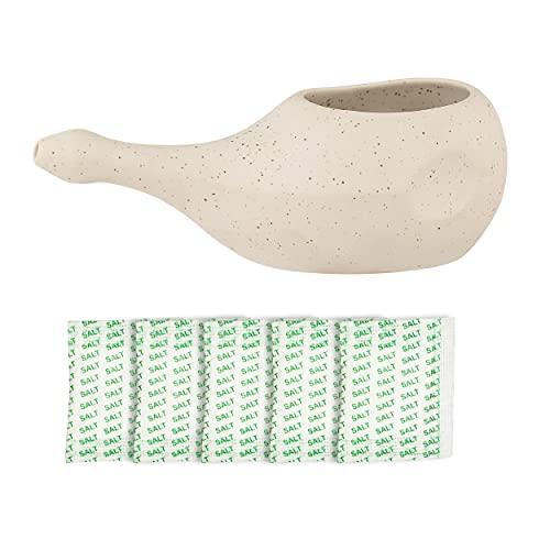 HealthGoodsIn HealthGoodsIn Ceramic Neti Pot, Dishwasher Safe, Conical Tip for Nasal Cleansing + 5 Sachet Neti Salt, Without Handle (Matte Ivory)