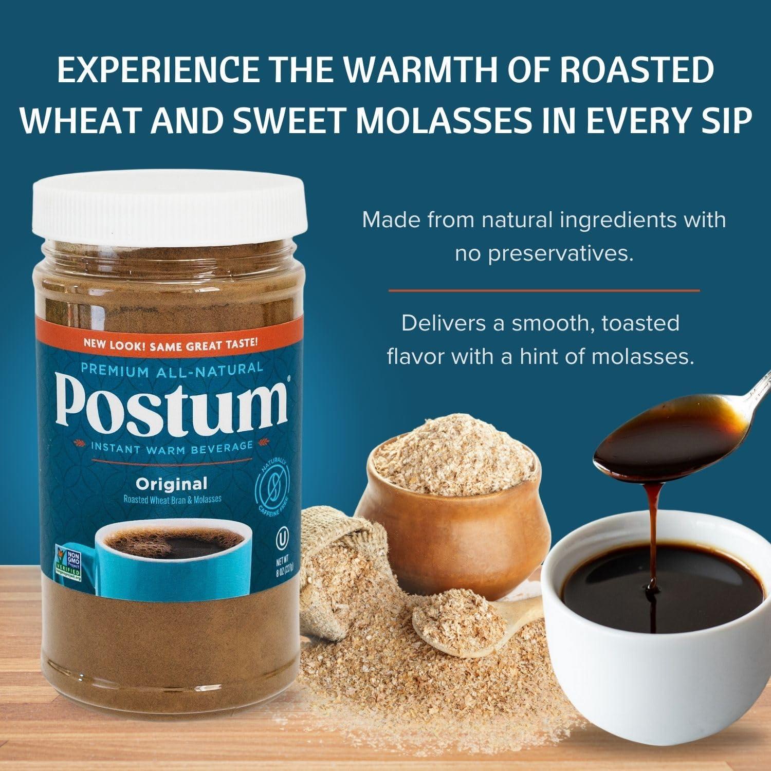 Postum Postum Original Coffee Substitute Caffeine Free Delight with Roasted Wheat Bran & Molasses (2 x 8oz) | Natural, Non-GMO, Vegan & Healthy Coffee Alternative Caffeine Free