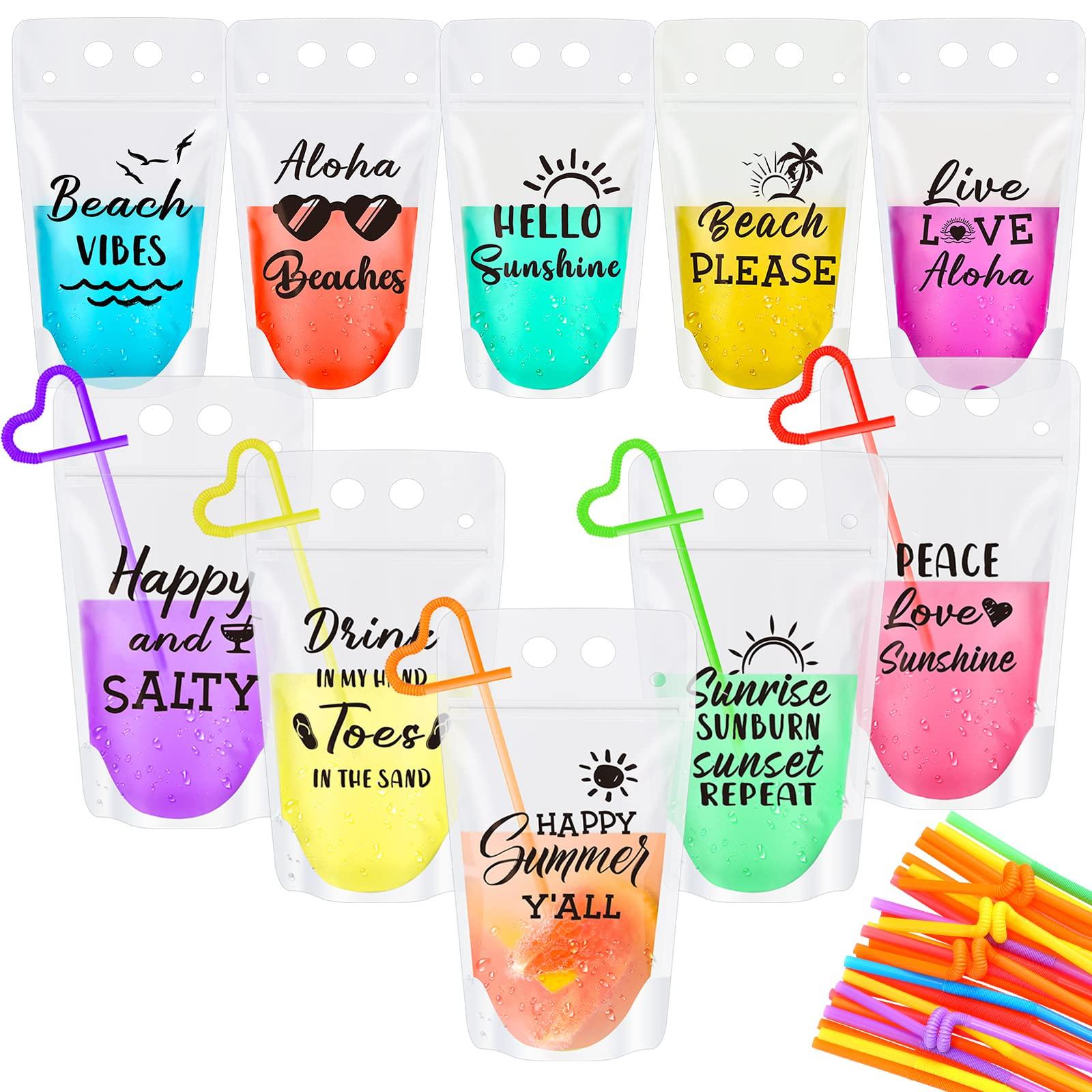 CHENGU Summer Drink Pouches with Straws Beach Drink Pouches for Adult Translucent Party Beverage Bags Stand up Juice Pouches Plastic Drink Container with Zipper Juice Freezer Bags for Party Favor (60 Sets)