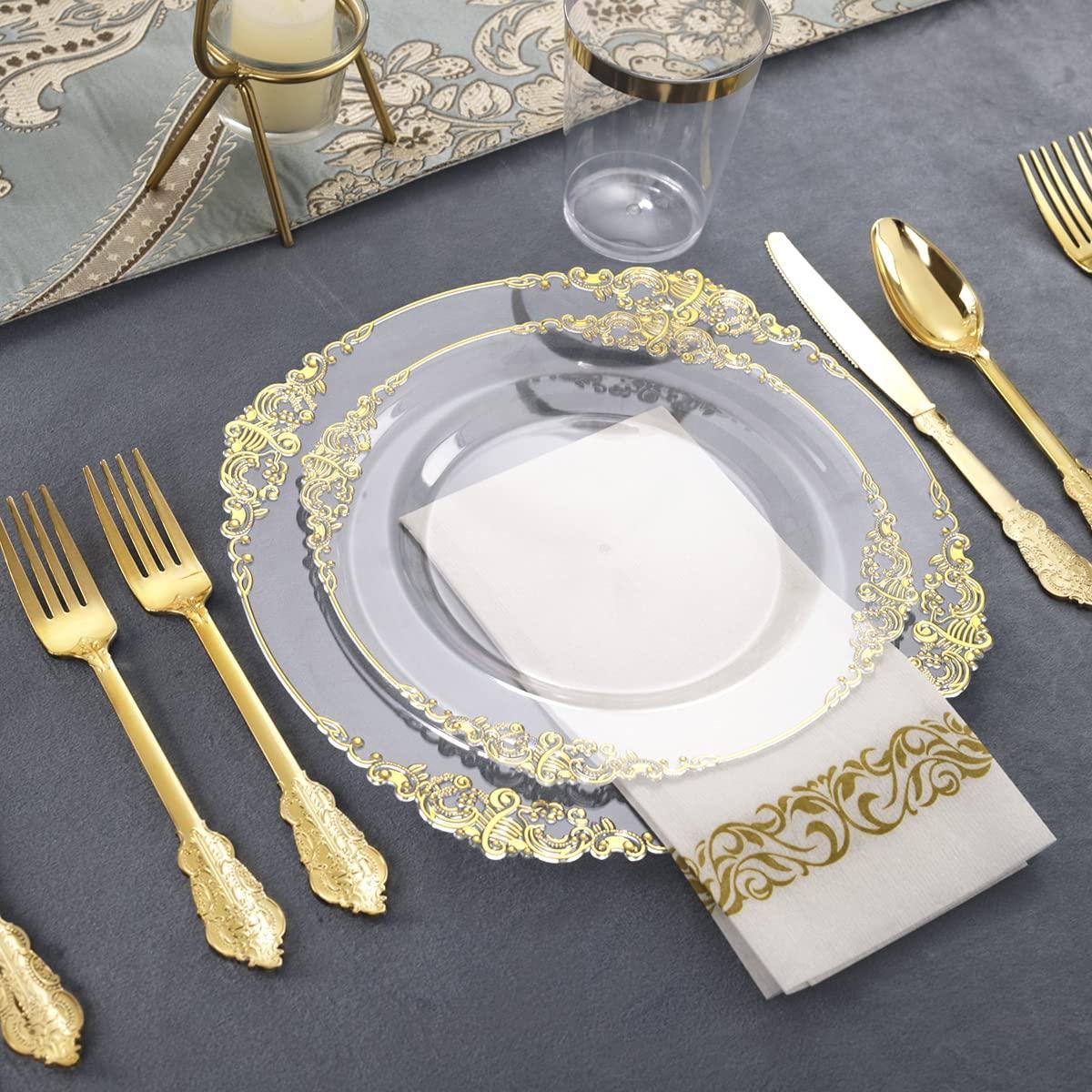 Nervure Nervure 175PCS White and Gold Plastic Plates 175PCS Clear Gold Plastic Plates