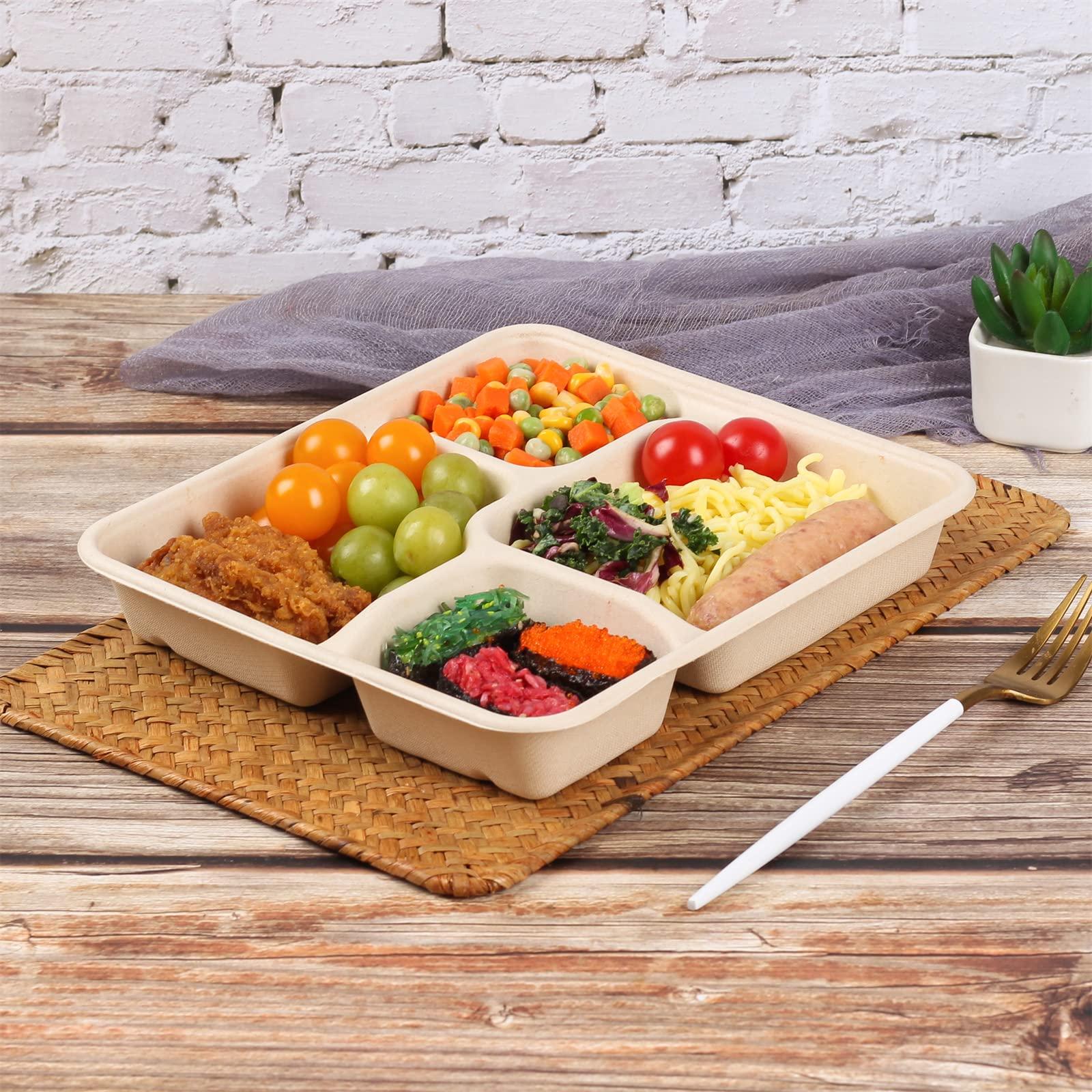 JAYEEY JAYEEY 37 OZ Sugarcane Fiber 4 Compartments disposable plates with Lids Bagasse Plant Fibers Freezer Safe 25 PACK