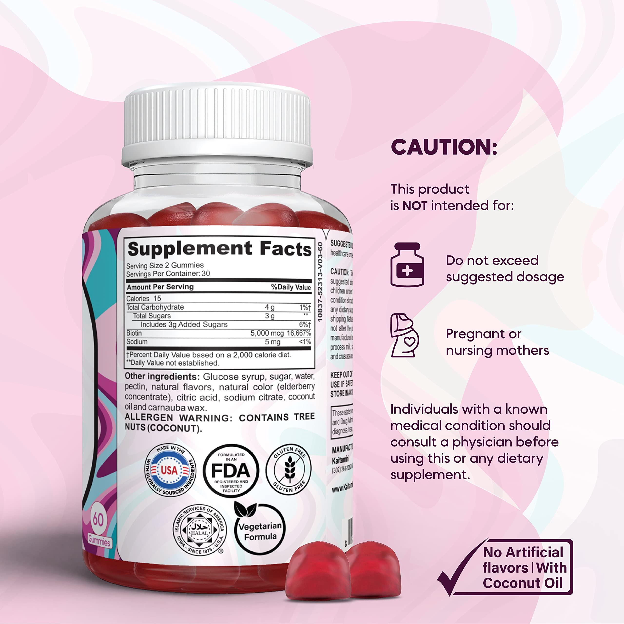 Kaitamin Kaitamin Biotin Vitamin B7 Gummies for Hair Skin & Nails - 5000 mcg per Serving - with Elderberry and Coconut Oil, 60 Strawberry Flavored Gummies - All Natural, Gluten-Free & Vegetarian (Pack of 1)