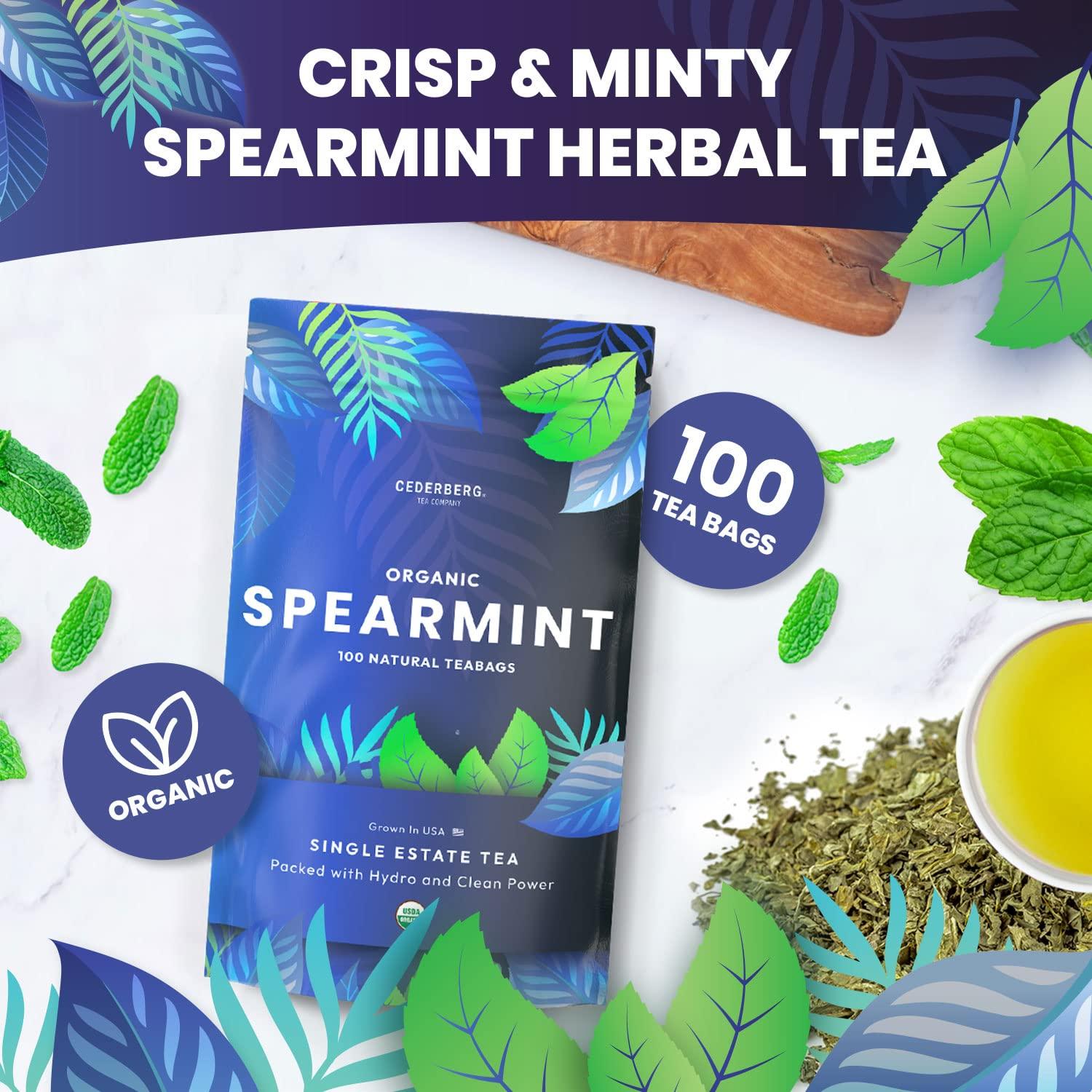 Cederberg Tea Company Organic Spearmint Herbal Tea 100 Tea Bags | Grown in USA | Eco-Friendly Tea Bags | Non-GMO Caffeine Free Tea | Cederberg Tea Company