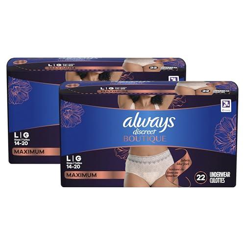 Always Always Discreet Boutique Incontinence and Postpartum Underwear for Women, Maximum Protection, L, Rosy, 44 Count