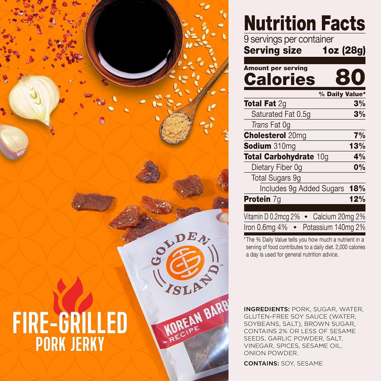 Golden Island Golden Island Pork Jerky Korean BBQ Flavored, Specialty Meat Snack, Gluten Free with Korean Barbecue Seasoning, Bite Sized Sweet and Savory Protein Snack, 7g of Protein Per Serving, 9 Oz (2 Pack)