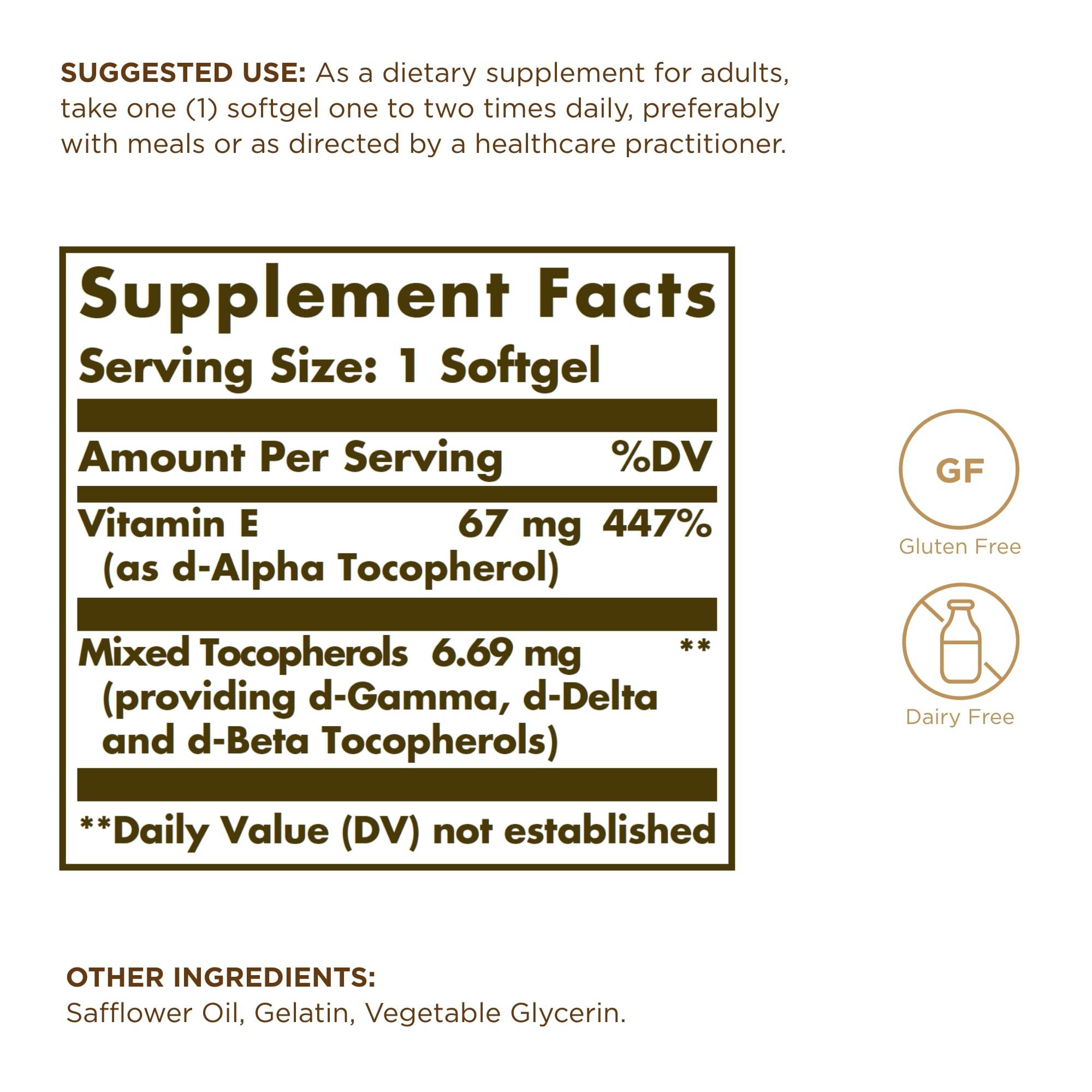 Solgar Solgar Vitamin E 67 mg (100 IU) - 100 Softgels, Pack of 2 - Antioxidant Support - Gluten & Dairy Free - 200 Total Servings