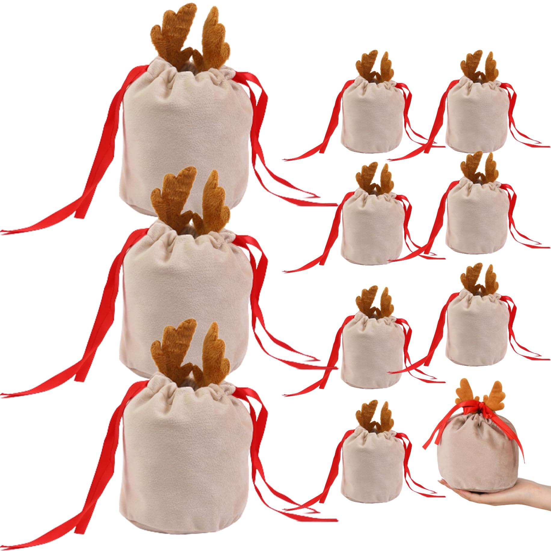 KUYYFDS KUYYFDS Christmas Gift Bags Multipack Xmas Drawstring Gift Bags 10PCS Cute Antlers Velvet Christmas Candy Wrapping Bags Small Christmas Treat Bags for New Year Presents Holiday Party Favors
