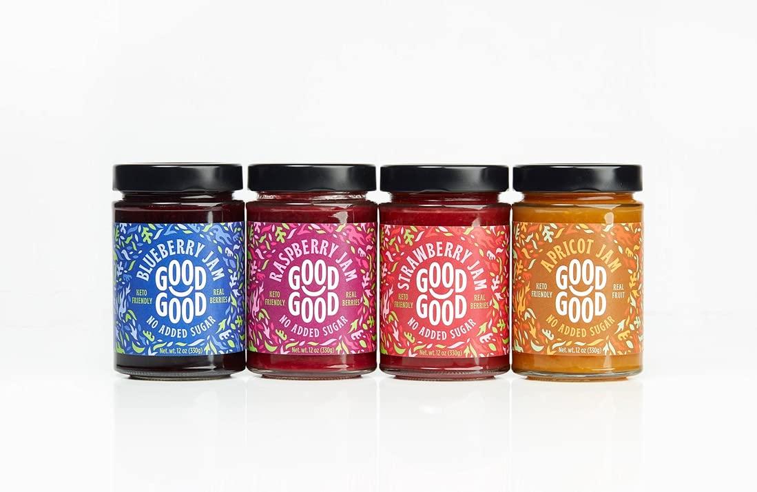 Good Good GOOD GOOD No Added Sugar Fruit Jam Variety Pack of 4 - Keto Friendly Jelly - Blueberry, Raspberry, Strawberry and Apricot Jam - Low Carb, Low-Calorie and Vegan - 12oz / 330g Jars