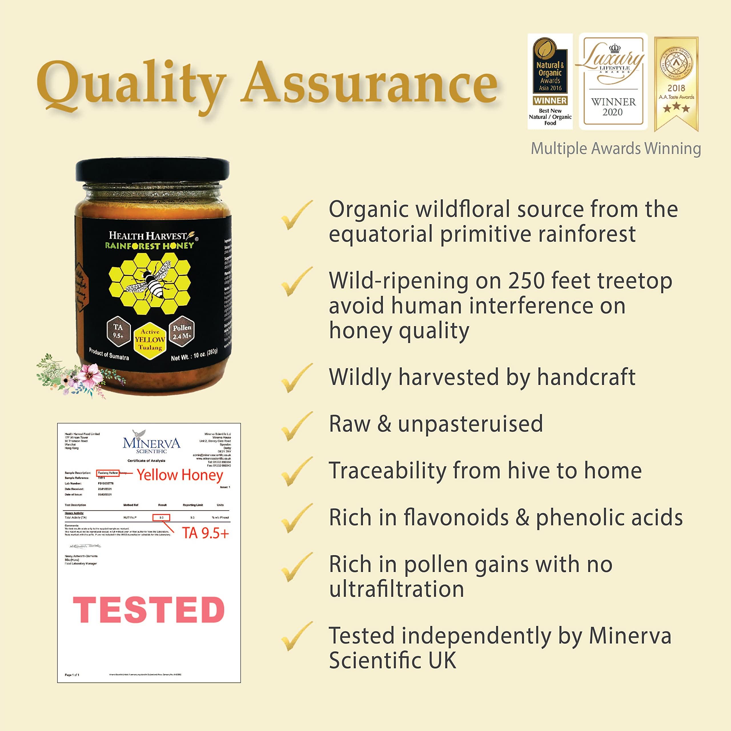 Health Harvest Tualang Yellow Honey 1.8oz (TA 9.5+, Pollen Count 2.4M+, Pollen Variety 100+) Mild Choice for Kids Growth, Wild-ripening on 250ft Treetop, Raw, Unpasteurised, Unfiltered