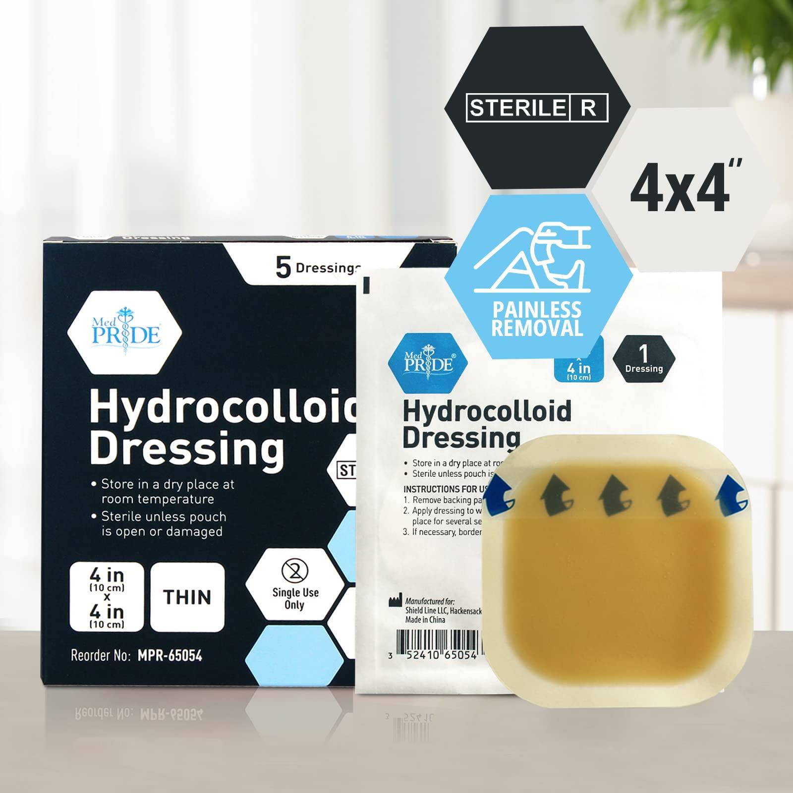 MED PRIDE MED PRIDE Hydrocolloid Dressing 4x4, 5-Pack Sterile Adhesive Hydrocolloid Pads, Ulcer Bandages, Highly Absorbent, Water-Resistant, Comfortable