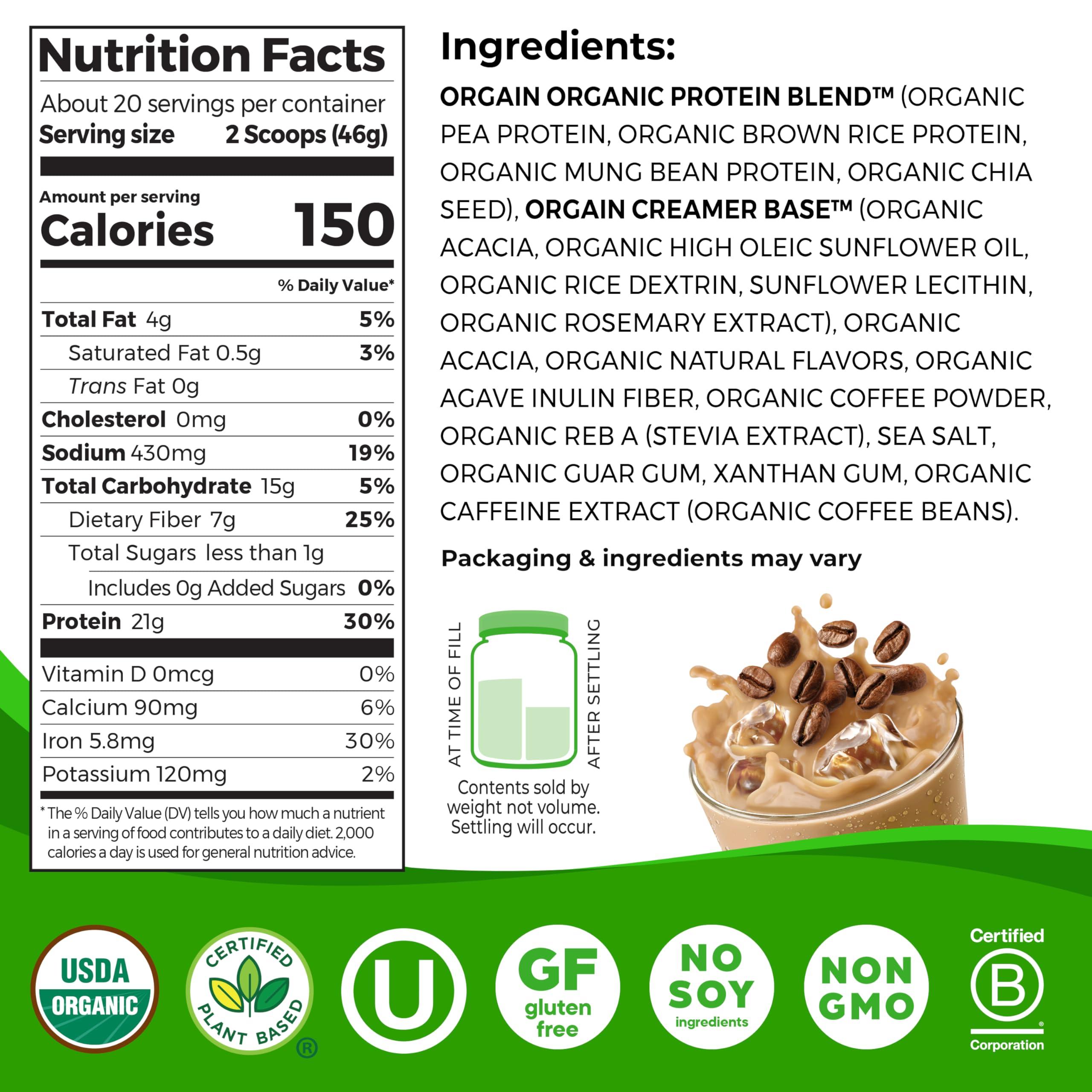 Orgain Orgain Organic Vegan Protein Powder, Iced Coffee - 21g Plant Protein, 60mg of Caffeine, Low Net Carb, No Lactose Ingredients, No Added Sugar, Non-GMO, Shakes & Smoothies, 2.03 lb (Packaging May Vary)