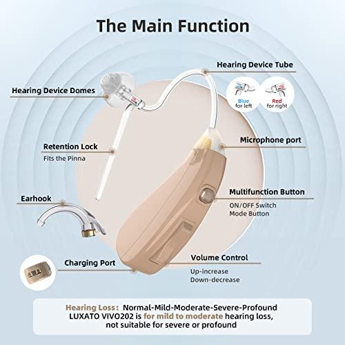 LUXATO Hearing Aids for Seniors and Adults, Behind-The-Ear (BTE) Hearing Amplifier with DSP Digital Chip & Dual Noise Cancellation, Digital Hearing Amplifier with Charging Dock (Pair)