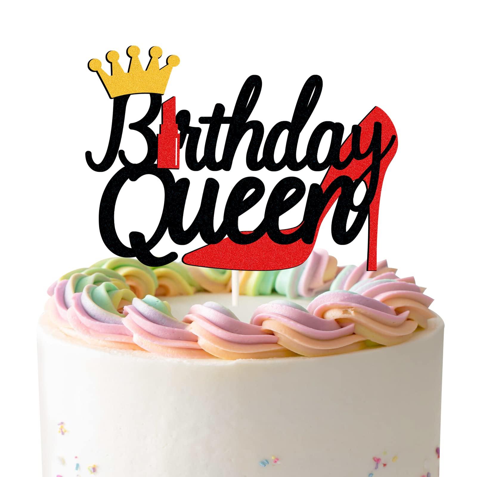 LECAKTO Black Red Glitter Birthday Queen Cake Topper,Lipstick High Heels Queen Theme Cake Decor,Queen Birthday Party Decorations Supplies For Women Girl
