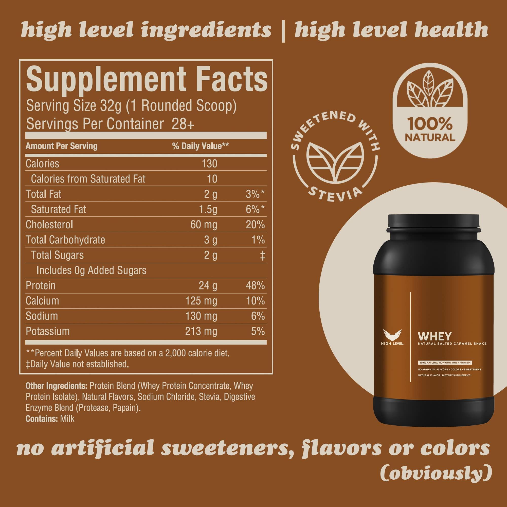 High Level High Level Whey Protein Powder - Natural, 24g Protein, 2 lb, Salted Caramel Shake Sweetened with Stevia, Ultra-Filtered, Non-GMO, Includes Digestive Enzymes, No Artificial Additives, Made in USA