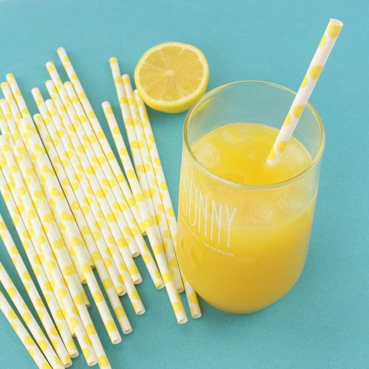 Generic 100 pcs Fruit Paper Straws Bulk, Summer Yellow Lemon Citrus Drinking Straws, Disposable Biodegradable Decorative Picnic BBQ Pool Beach Party Juice Shake Smoothie Bar Cake Pop Sticks (Lemon)