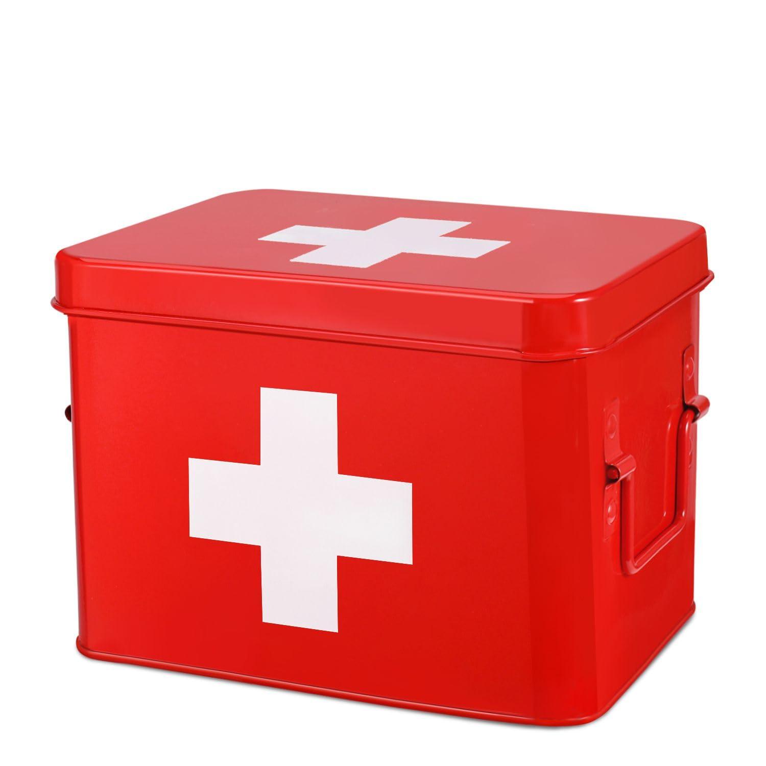 Flexzion Flexzion First Aid Box Organizer, Empty 8.5 Inch Red Vintage First Aid Kit Tin Metal Medical Box First Aid Storage Box Container Bins with Dividers, Removable Tray and Cross Logo