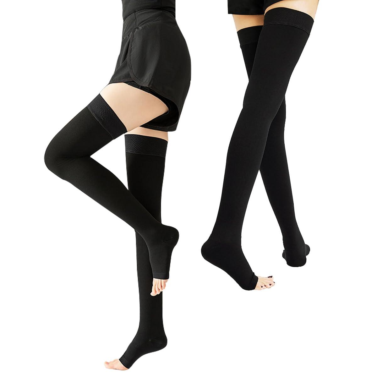 Cyxunand Anti Embolism Ted Hose Thigh High 20-32 mmHg Compression Stocking Toeless,Compression Socks Support for Women & Men (XL, Black(Toeless ))