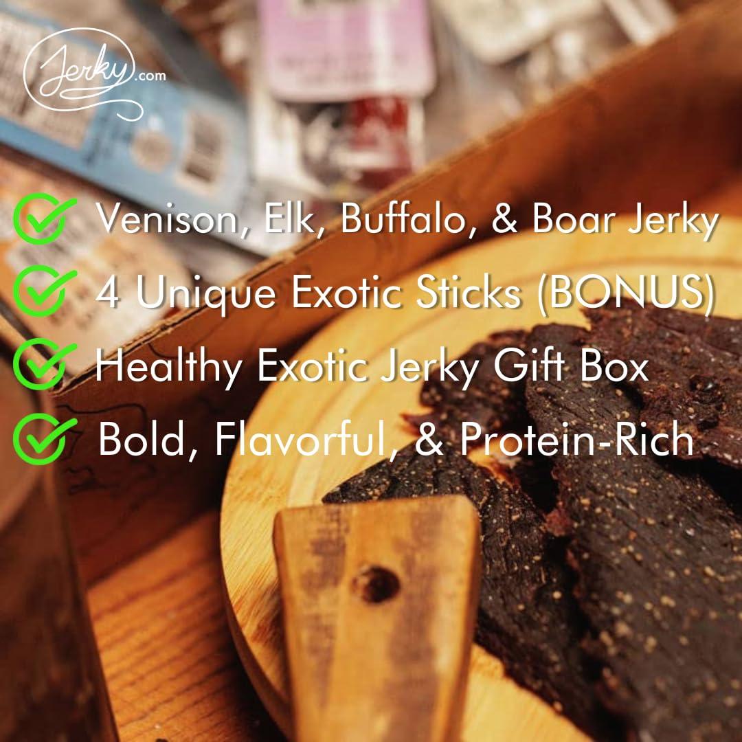 Jerky.com Exotic Jerky Gift Box for Men - 8 Piece Exotic Jerky & Meat Sticks Gift Set - Healthy Exotic Jerky Gift Box Includes Venison, Elk, Buffalo, and Wild Boar Jerky and Meat Sticks - Great Gifts For Men