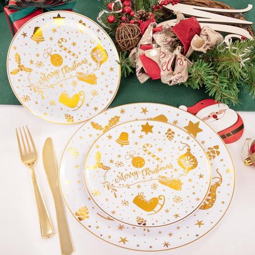 U-QE U-QE 60pcs Christmas Disposable Plates, Gold Christmas Plastic Plates for 30 Guests Include 30 Dinner Plates 10.25 & 30 Dessert Plates 7.5, Premium Gold Party Supplies for Christmas Theme Party