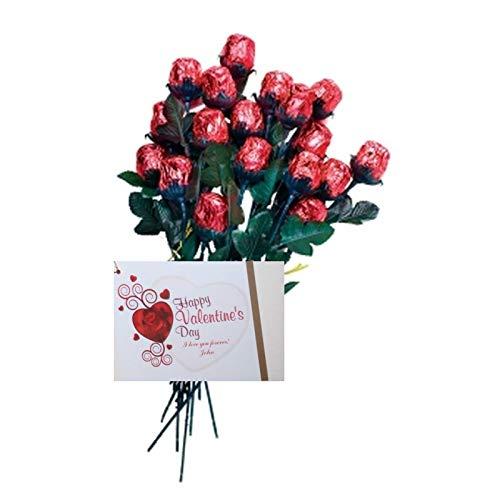 FavorOnline One Dozen Red Valentine Chocolate Roses Gift Bouquet - Solid Premium 9 1/2" Milk Chocolate Red Roses with Personalized Valentine's Gift Card