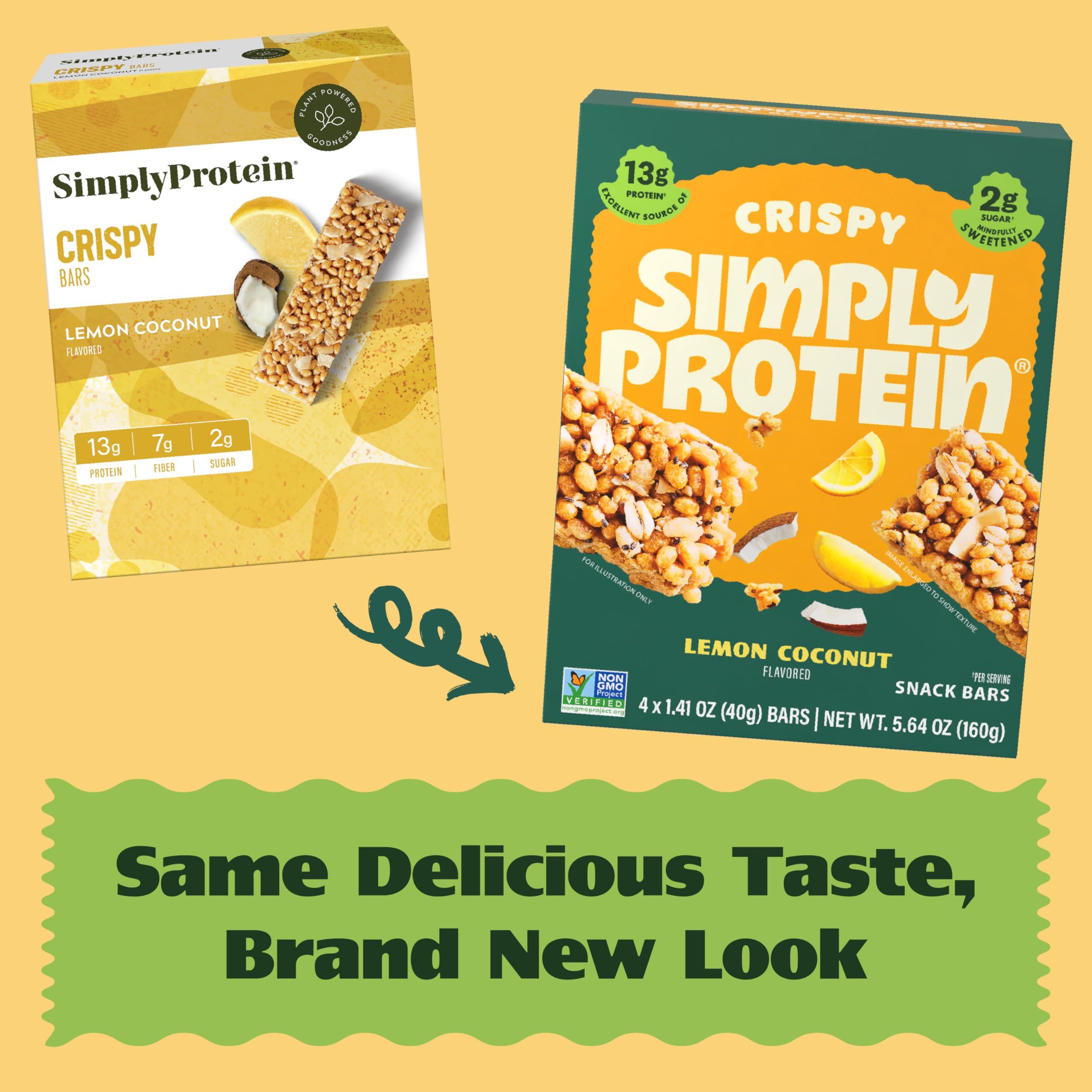 Simply Protein Simply Protein - Lemon Coconut Crispy Bars - Plant Based Protein Bars - Low Carb, Low Sugar, High Fiber - 12g Protein, 2g Sugar, 7g Fiber - Vegan, Gluten Free, Non GMO, Kosher - 24 Bars