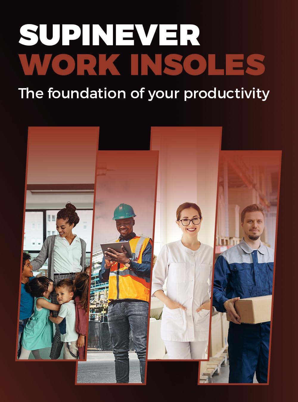 SUPINEVER () Work Boot Insoles for Men and Women - Low Arch Support - Effective Foot Pain Relief - All Day Comfort Orthotic Insoles - Shock-Absorbing Anti-Fatigue Shoe Inserts (S, Brown)