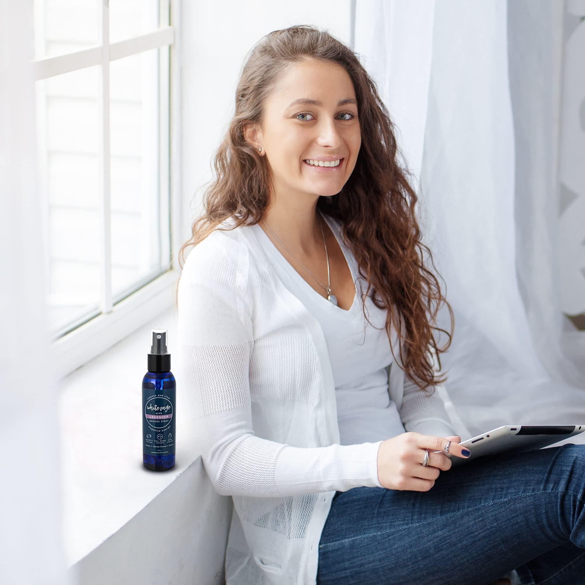 Moonwater Elixirs White Sage Smudge Spray for Spiritual Cleansing & Aura Protection, Sage & Lavender Smudging Spray - Cleansing Negative Energy & Protection, Clear Quartz Reiki Energized Aromatherapy Room Spray 4oz