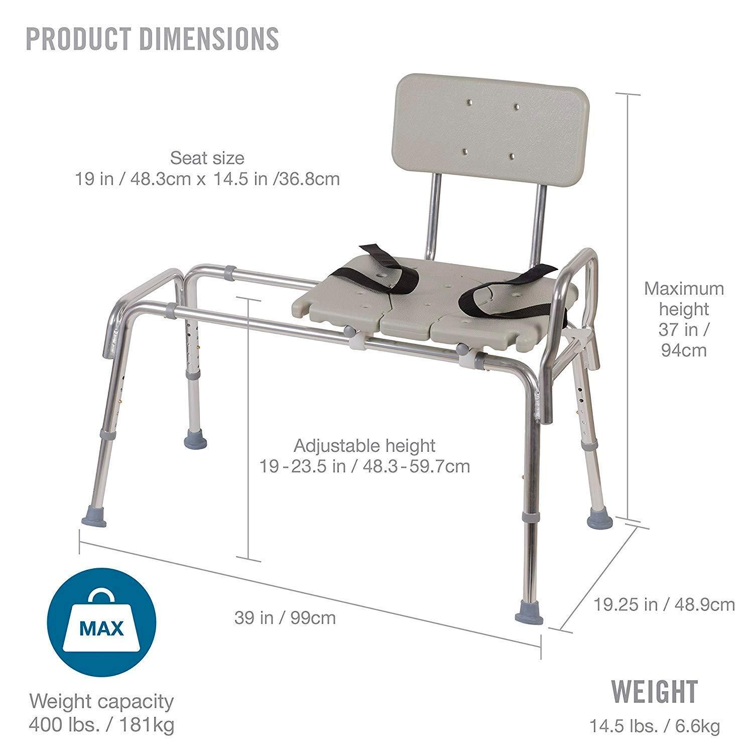 DMI DMI Tub Transfer Bench and Shower Chair with Non Slip Aluminum Body, FSA Eligible, Adjustable Seat Height and Cut Out Access, Holds Weight up to 400 Lbs, Bath and Shower Safety, Transfer Bench