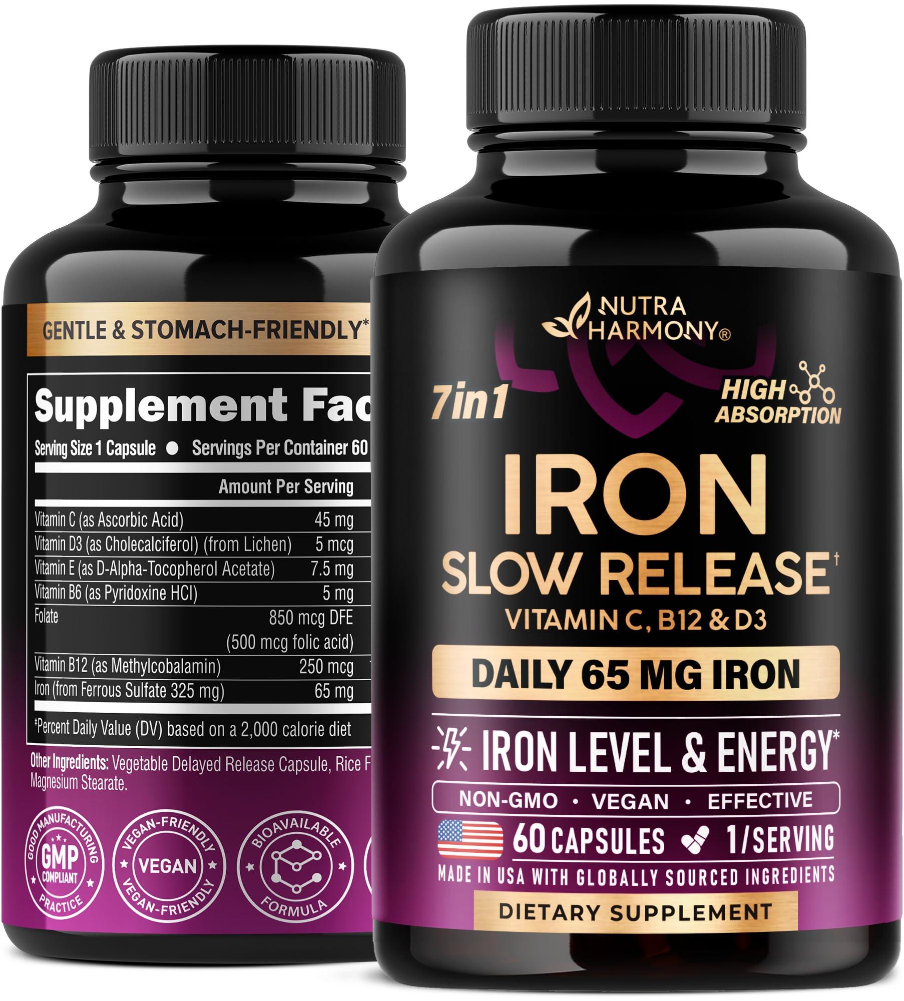 NUTRAHARMONY Iron Supplement for Women - Iron 65mg (Ferrous Sulfate 325mg) - Stomach Friendly | Slow Release Iron | High Absorption - Vitamins C, D3, B6, B12 & Folate - Iron Level & Energy Support - 60 Capsules