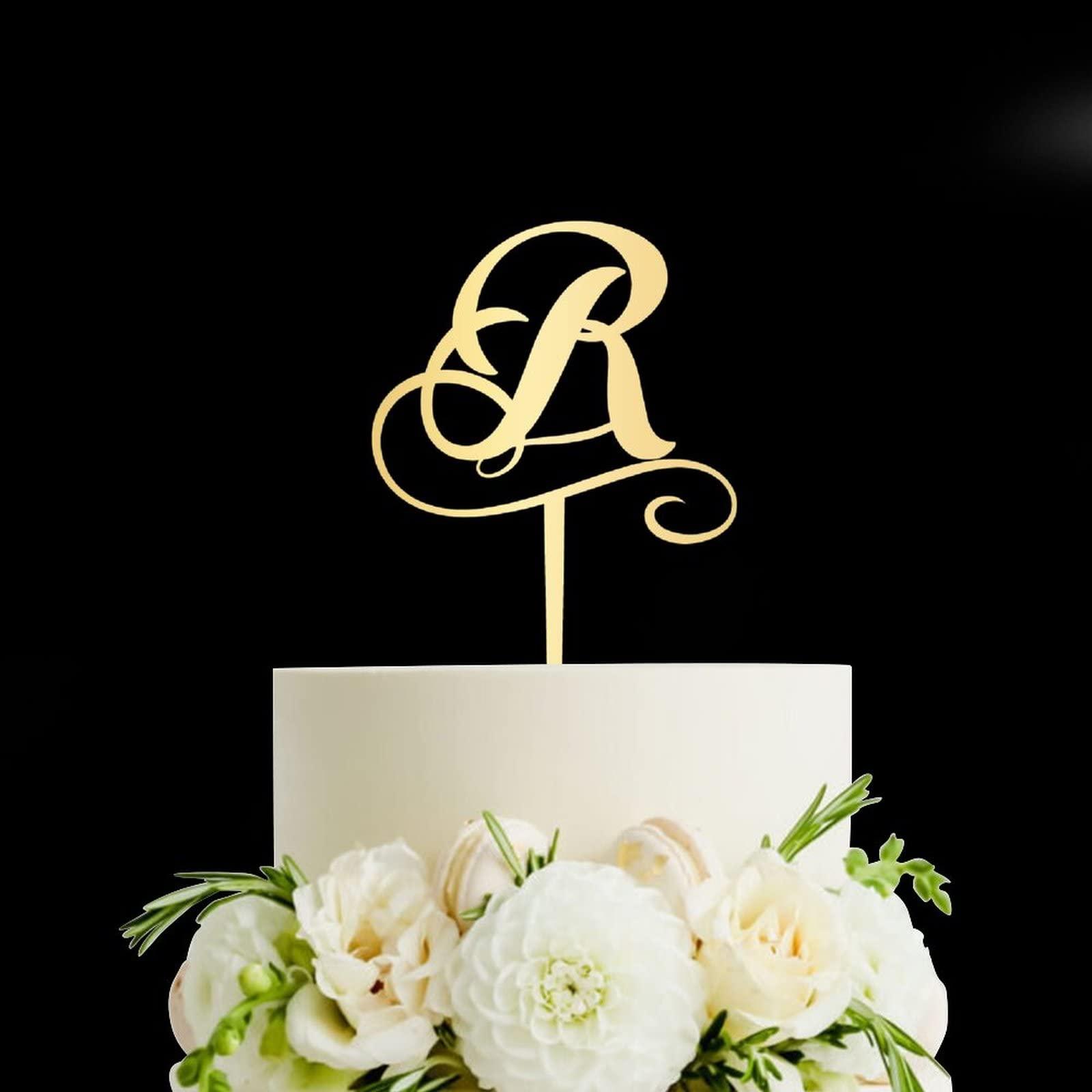 Vinisong Vinisong Personalized Initials R Cake Topper Monogram Cake Topper Rustic Wedding Cake Topper Letter R Cake Topper Acrylic Gold Cake Decoration Birthday Party Decor Supplies
