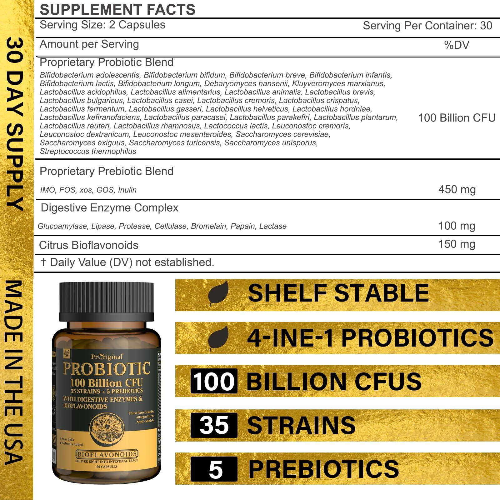 Proriginal Probiotics with Prebiotics for Men and Women - 35 Strains Organic Probiotic 100 Billion CFU for Gut & Digestive Health, Vegan Acidophilus Probiotic Supplement, Non-GMO Raw Probiotic 60 Capsules