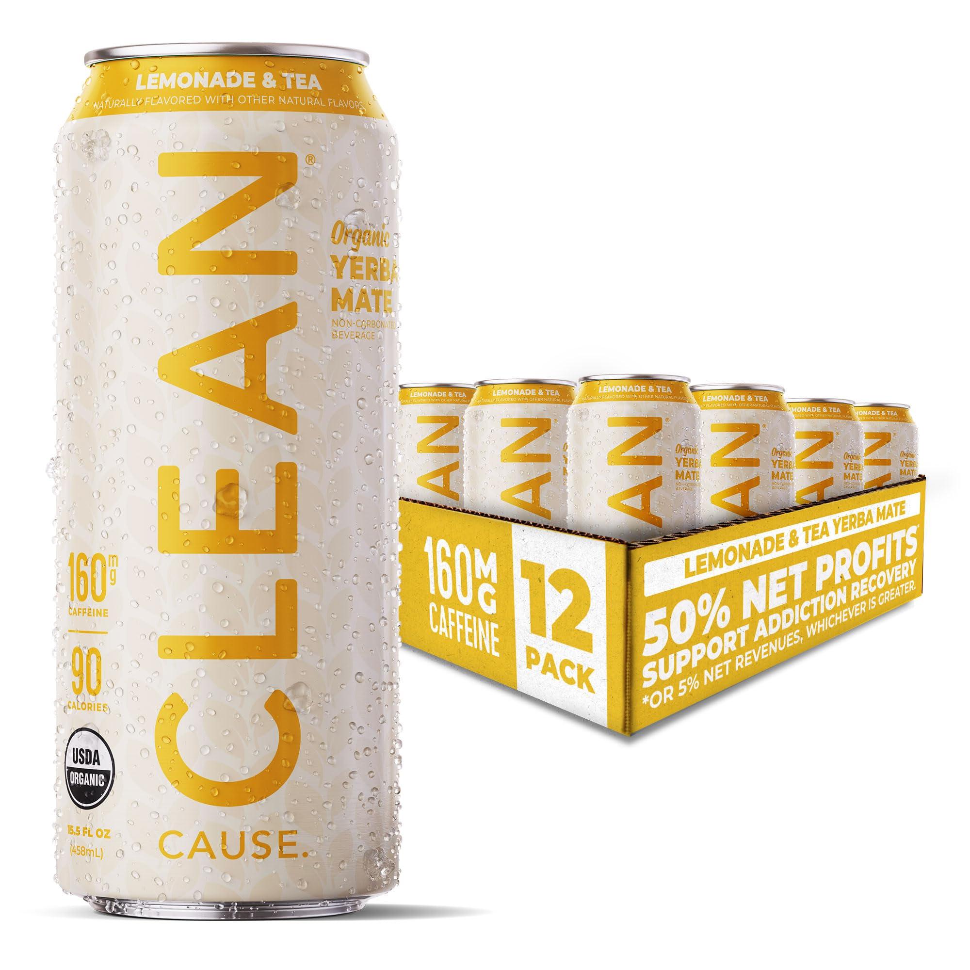 CLEAN CAUSE. NEW! CLEAN Cause Lemonade & Tea USDA Organic Yerba Mate Tea (15.5oz cans, 12-Pack Case) Non-Carbonated, 160mg Caffeine